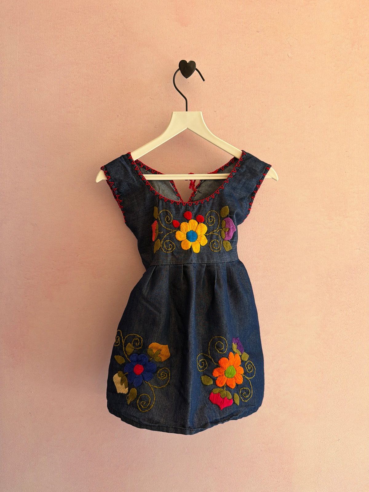Embroidered Dark Blue Dress with Blanket Stitch Trim