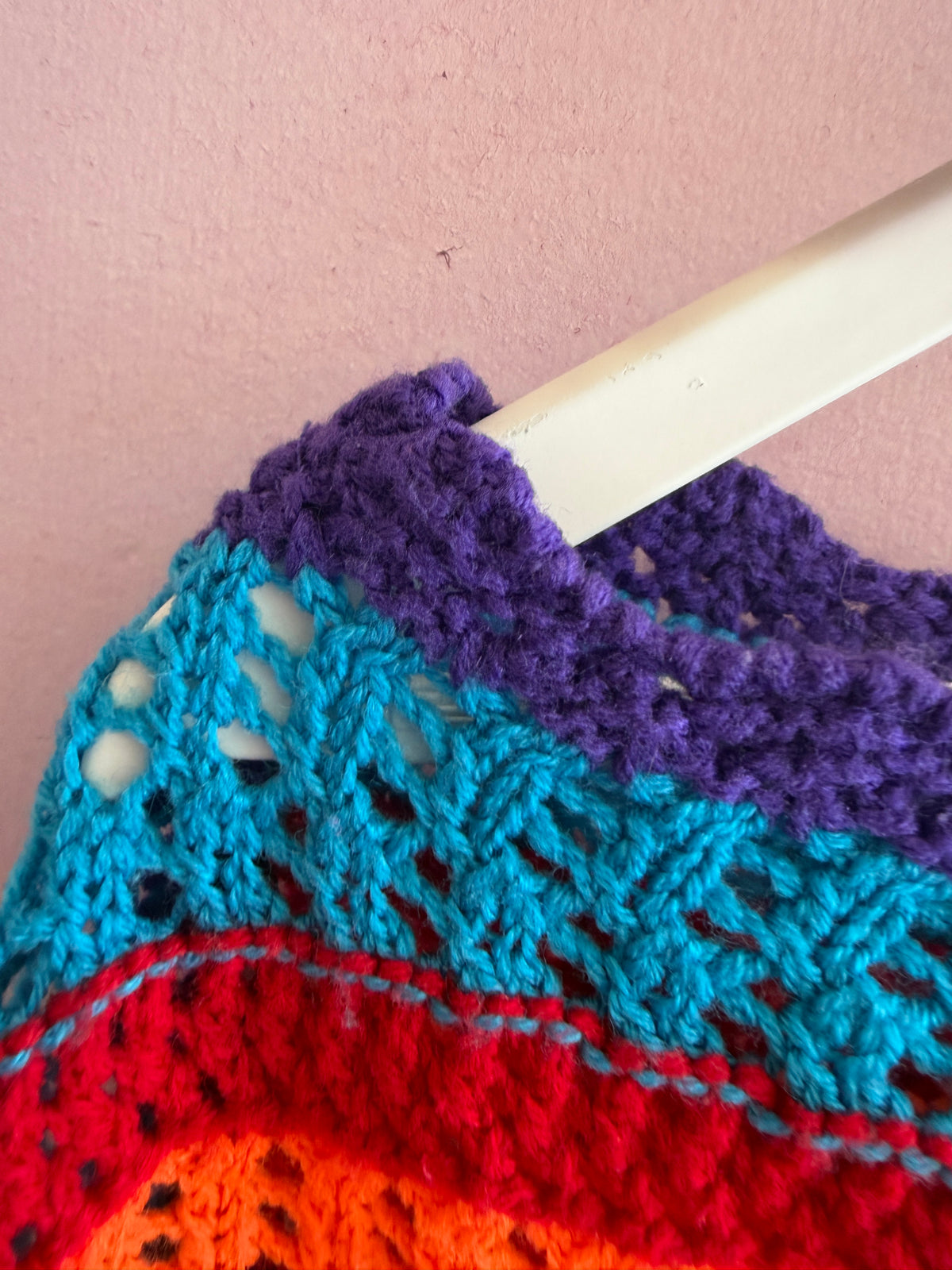 handmade Rainbow Crochet Fringe Asymmetrical Shawl / 2-4