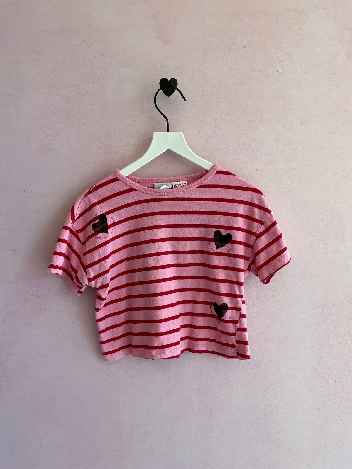 Zara Pink with Red Stripes and Black Hearts stamp T-Shirt / 1.5-3 years