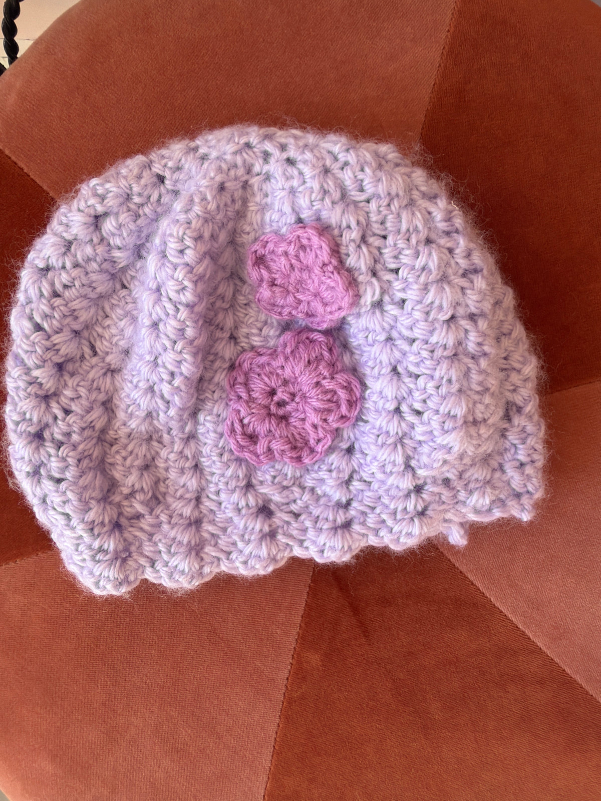 lavender and plum purple floral crochet hat / one size