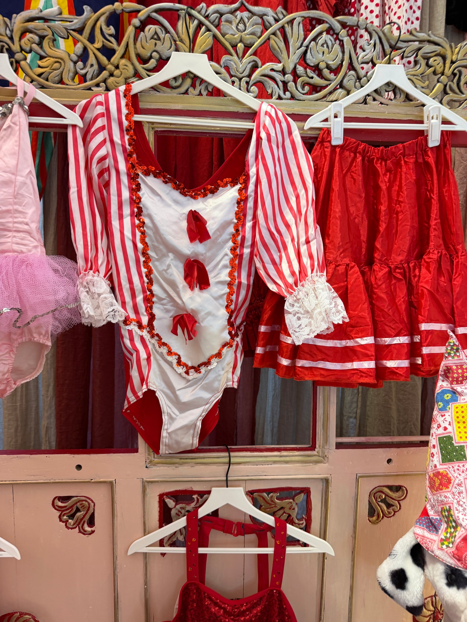 Vintage 1980s Red Stripe Leotard  & Skirt Costume/ M