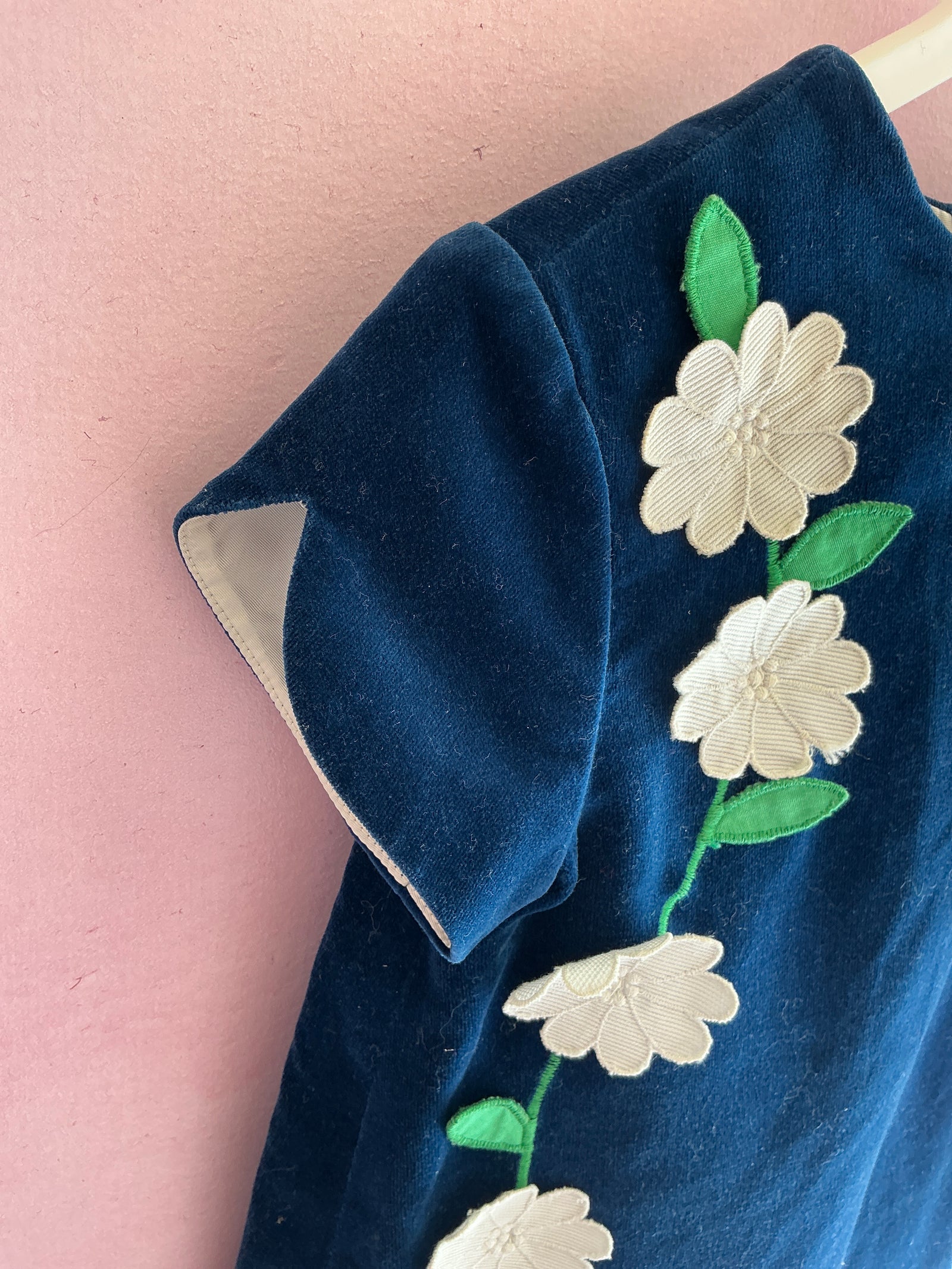 70s vintage blue velvet folk-art daisy applique storybook Dress / 6-12
