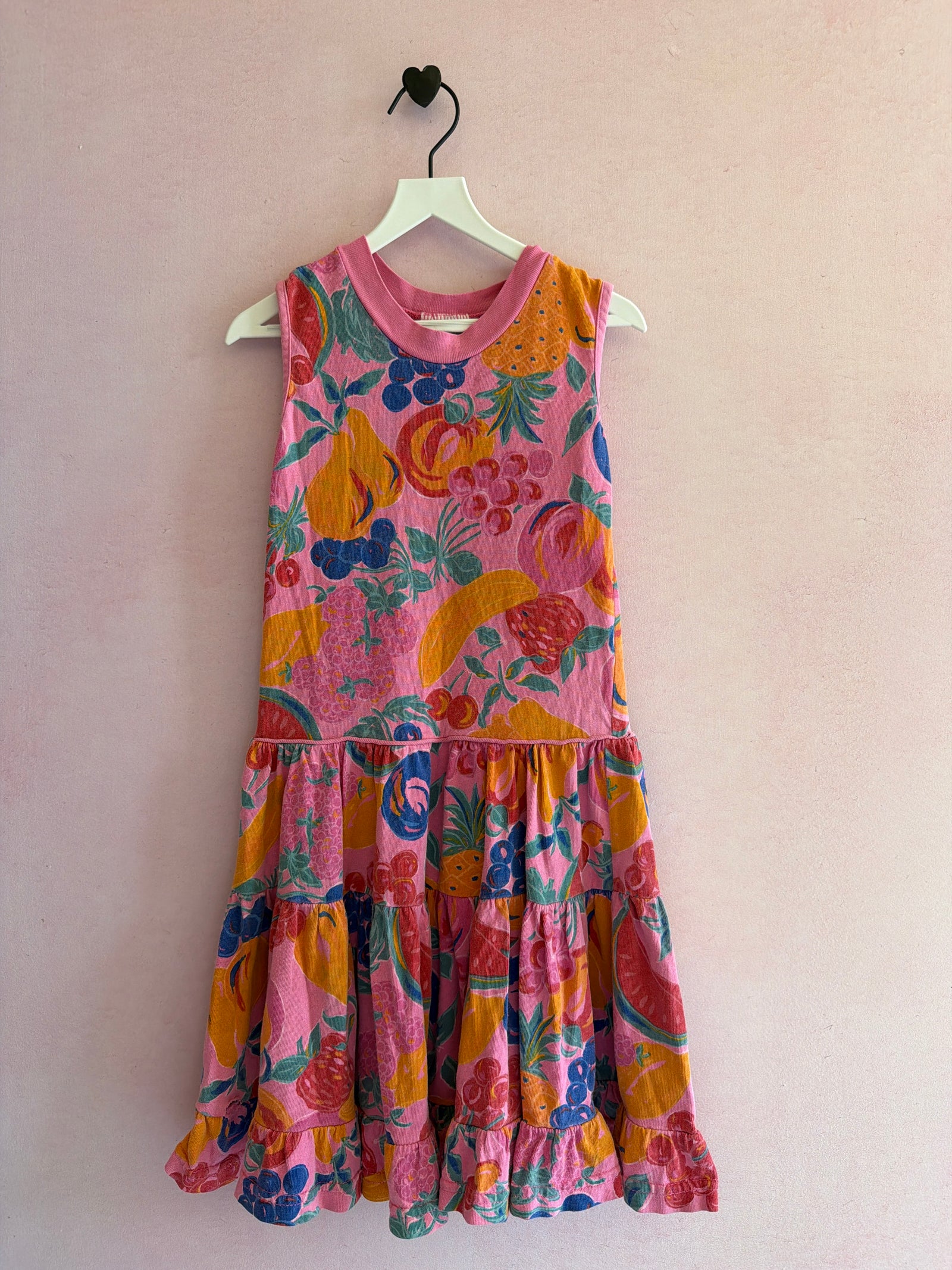 Cotton Kidz Bright Fruit Print with Pink Drop Waist Ruffle Skirt Dress / 6