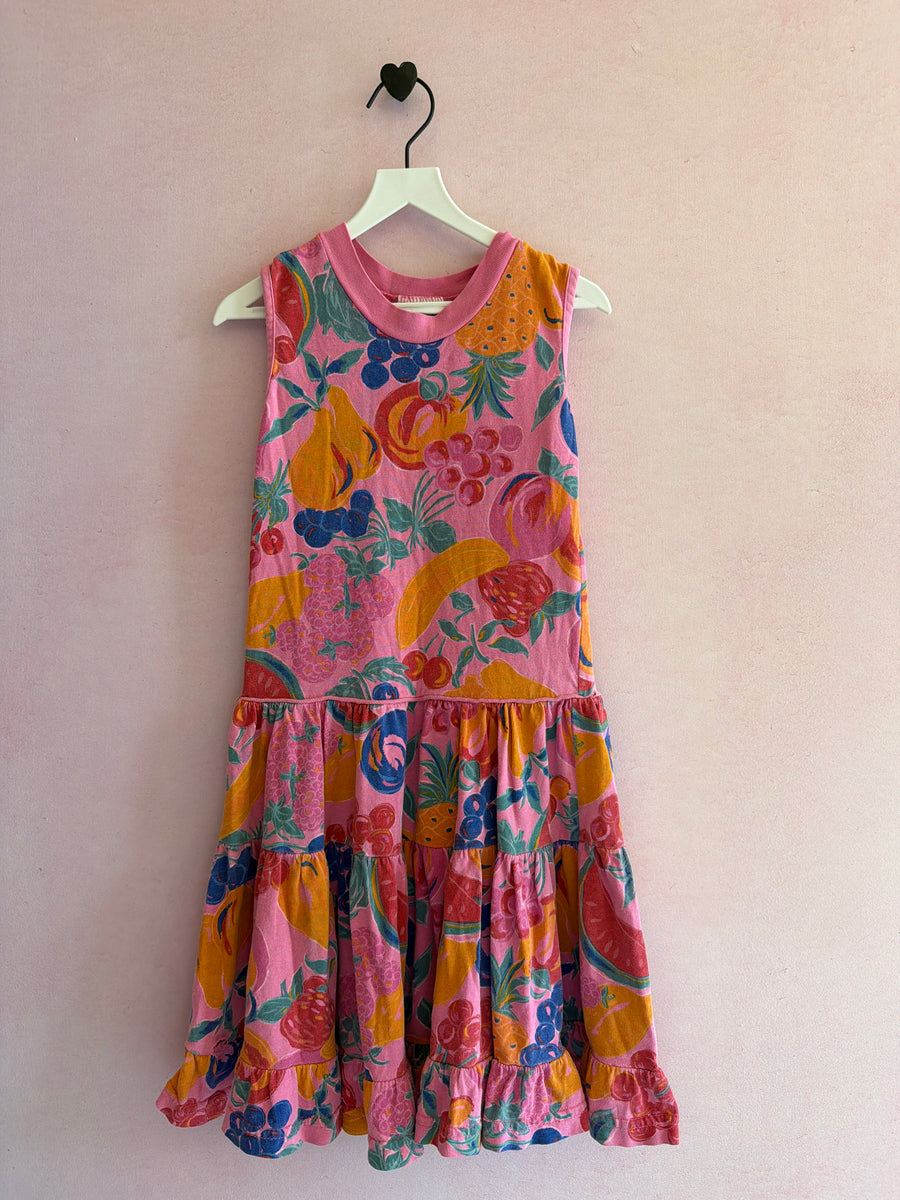 Cotton Kidz Bright Fruit Print with Pink Drop Waist Ruffle Skirt Dress / 6