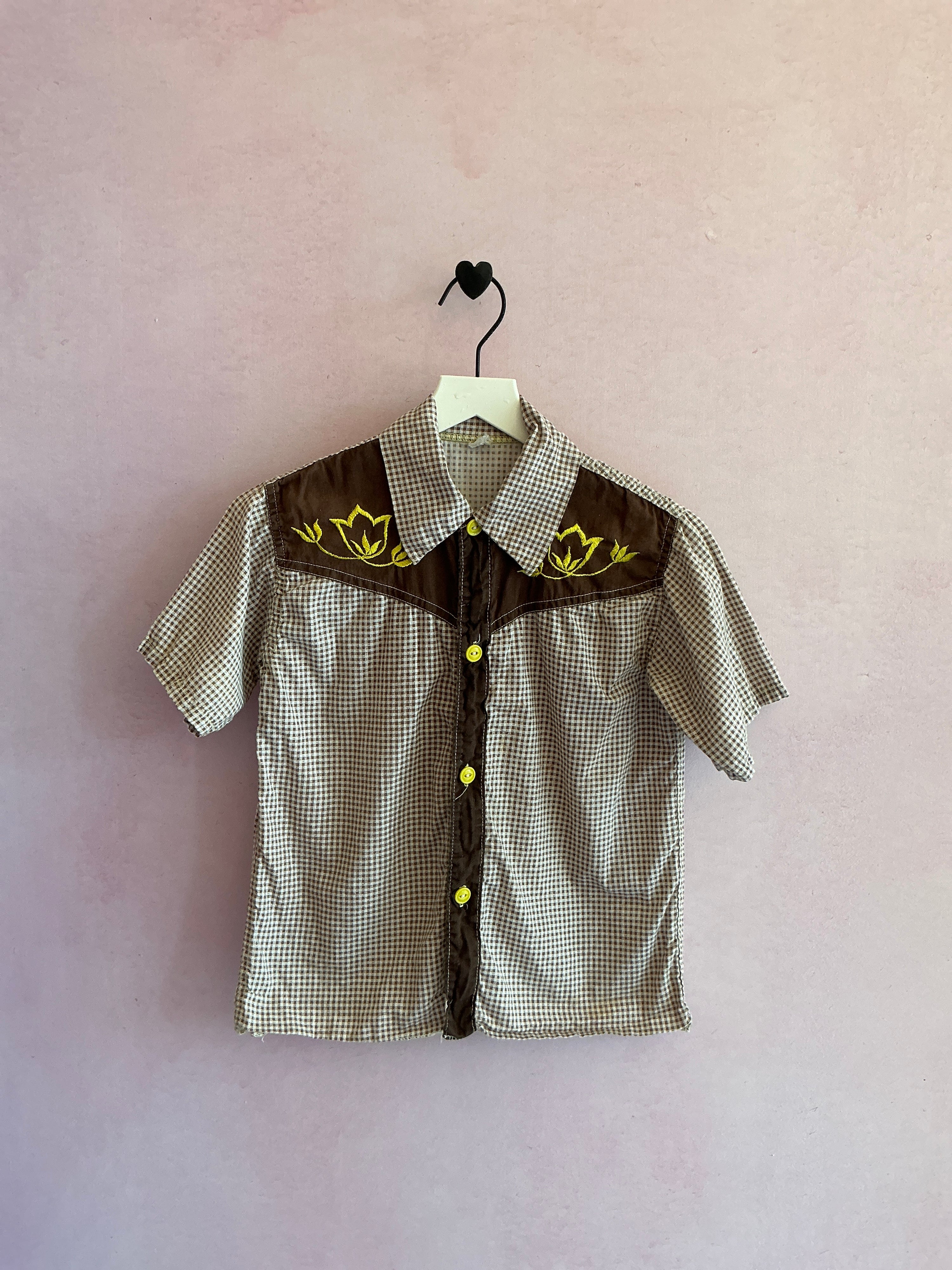 vintage Brown Check Western Button Down Sunshine Floral Embroidery Shirt / 3-4 Years