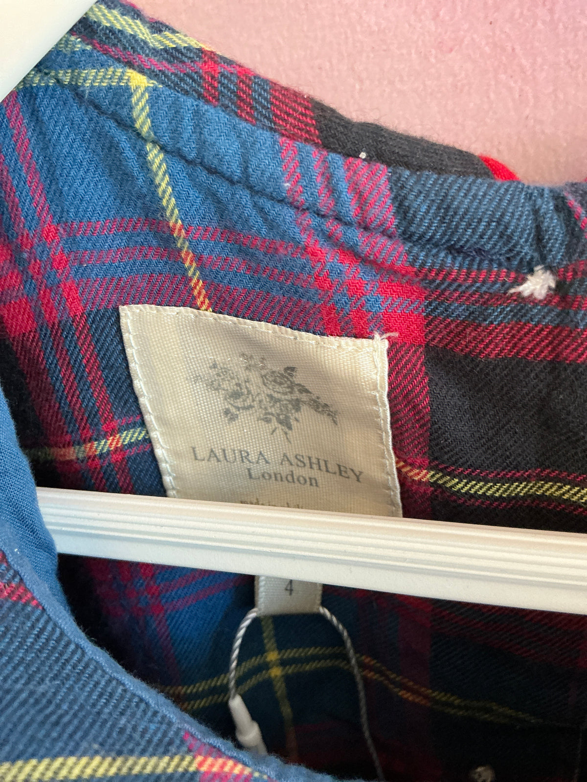 Laura Ashley Navy and Red Tartan Plaid with Rose Applique Hand Smocked Dress / 4