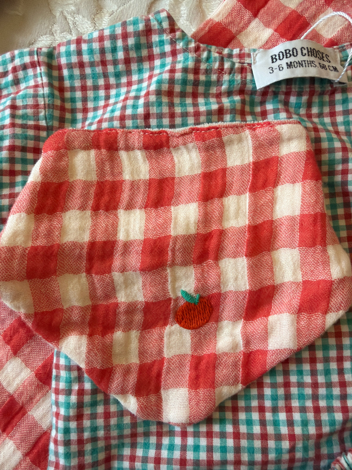 Bobo Choses Picnic Check Apple Baby Gift Set: Swaddle, Bib, Top and Shorts / 3-6 months