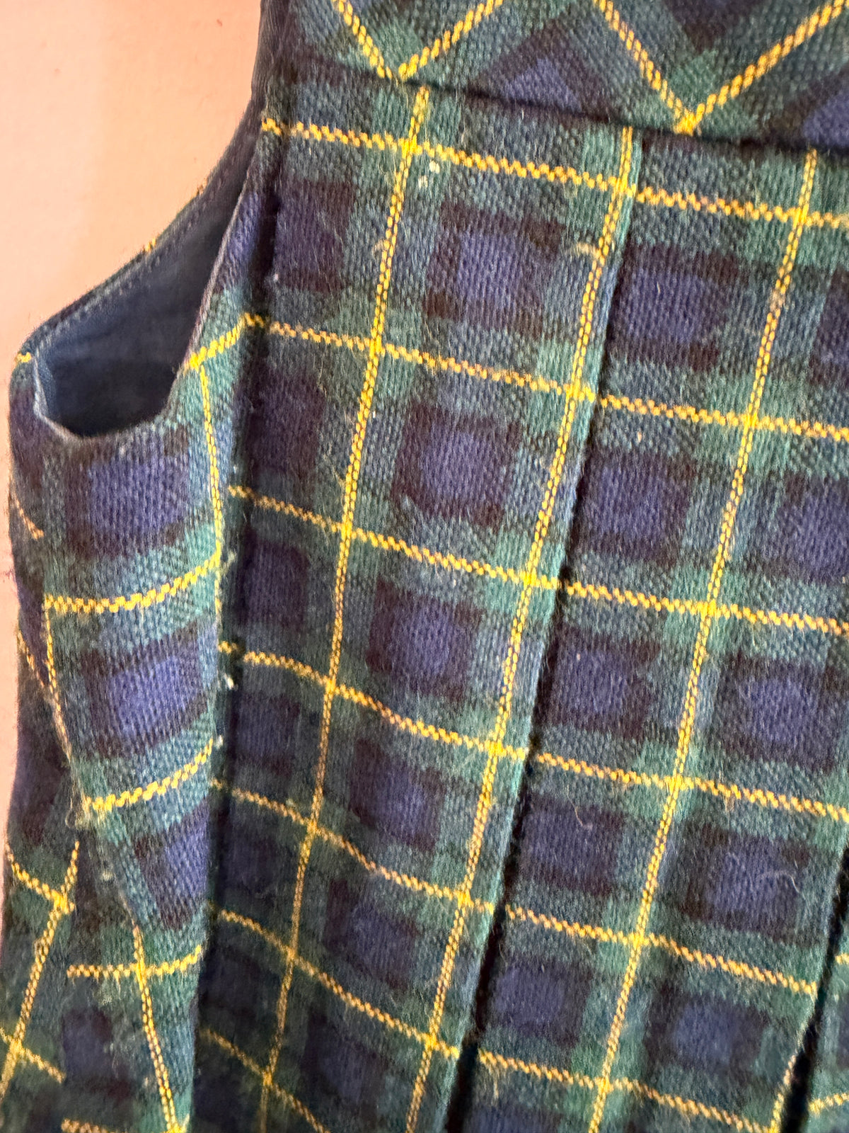 Vintage Gay Sprites Navy and Gold Plaid Wool Pinafore Dress / 2