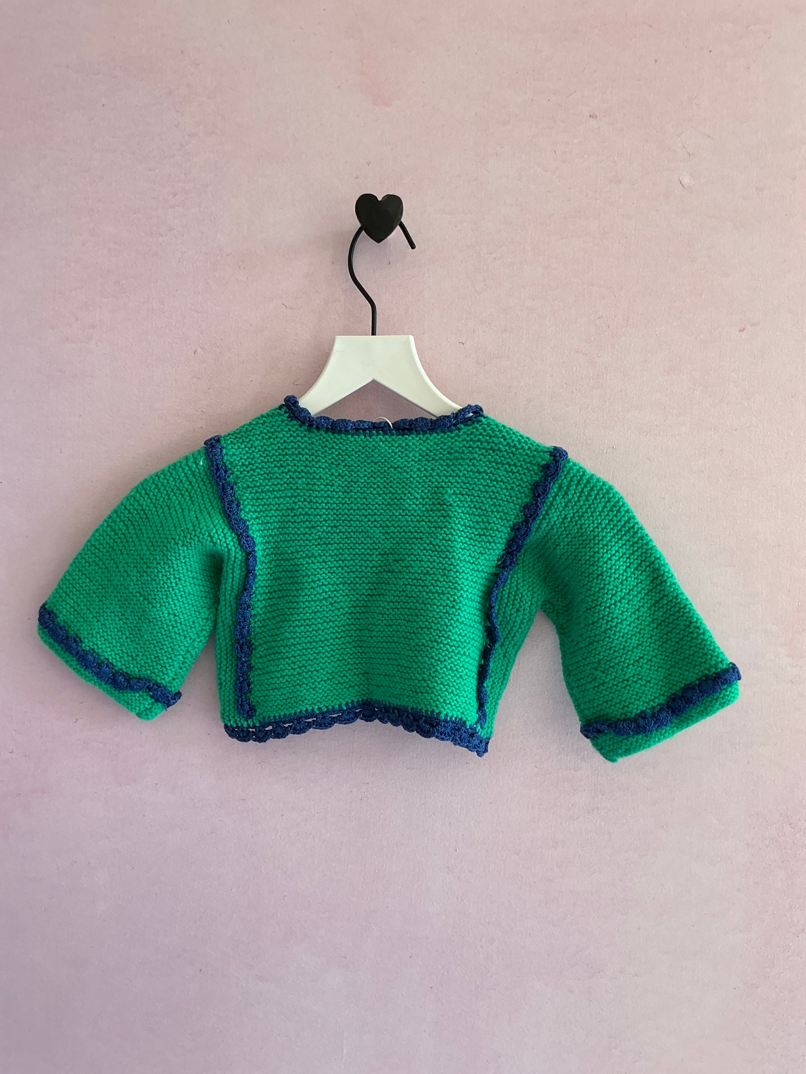handmade Bright Green with Navy Crochet Trim Cardigan / 0-3 months
