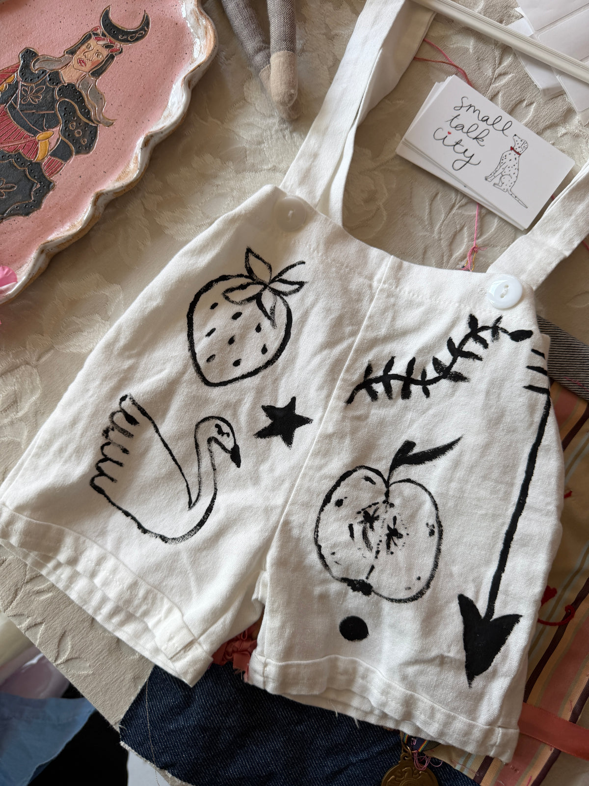 Hand-Painted Apple, Strawberry & Swan OFAK Play Suit / 24 months