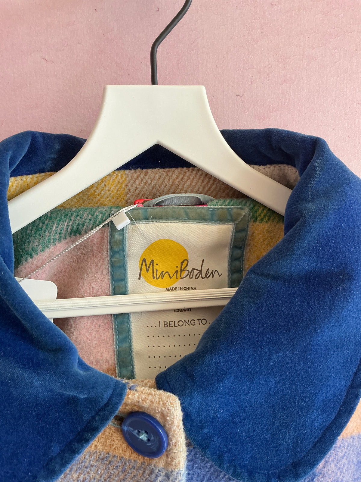 Mini Boden Pastel Plaid Blue Velvet Collar coat / 11-12