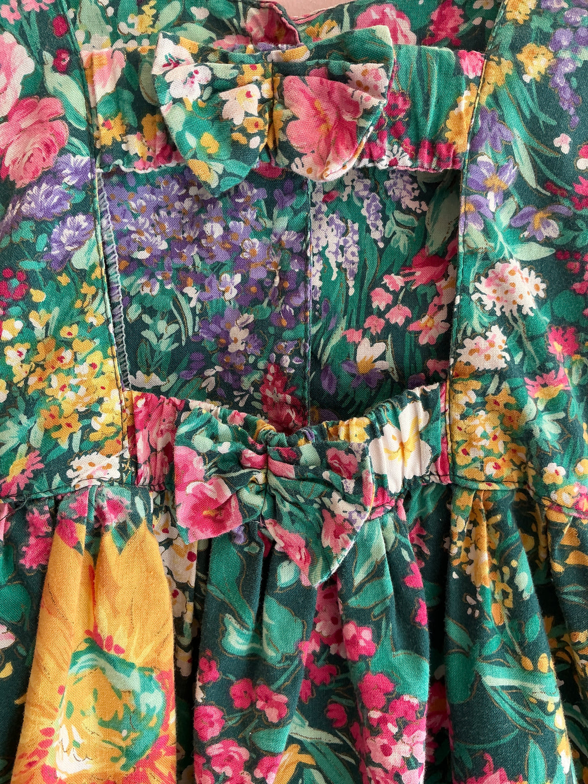 vintage 90s Green Garden Floral Button Up Empire Waist Dress / 2T