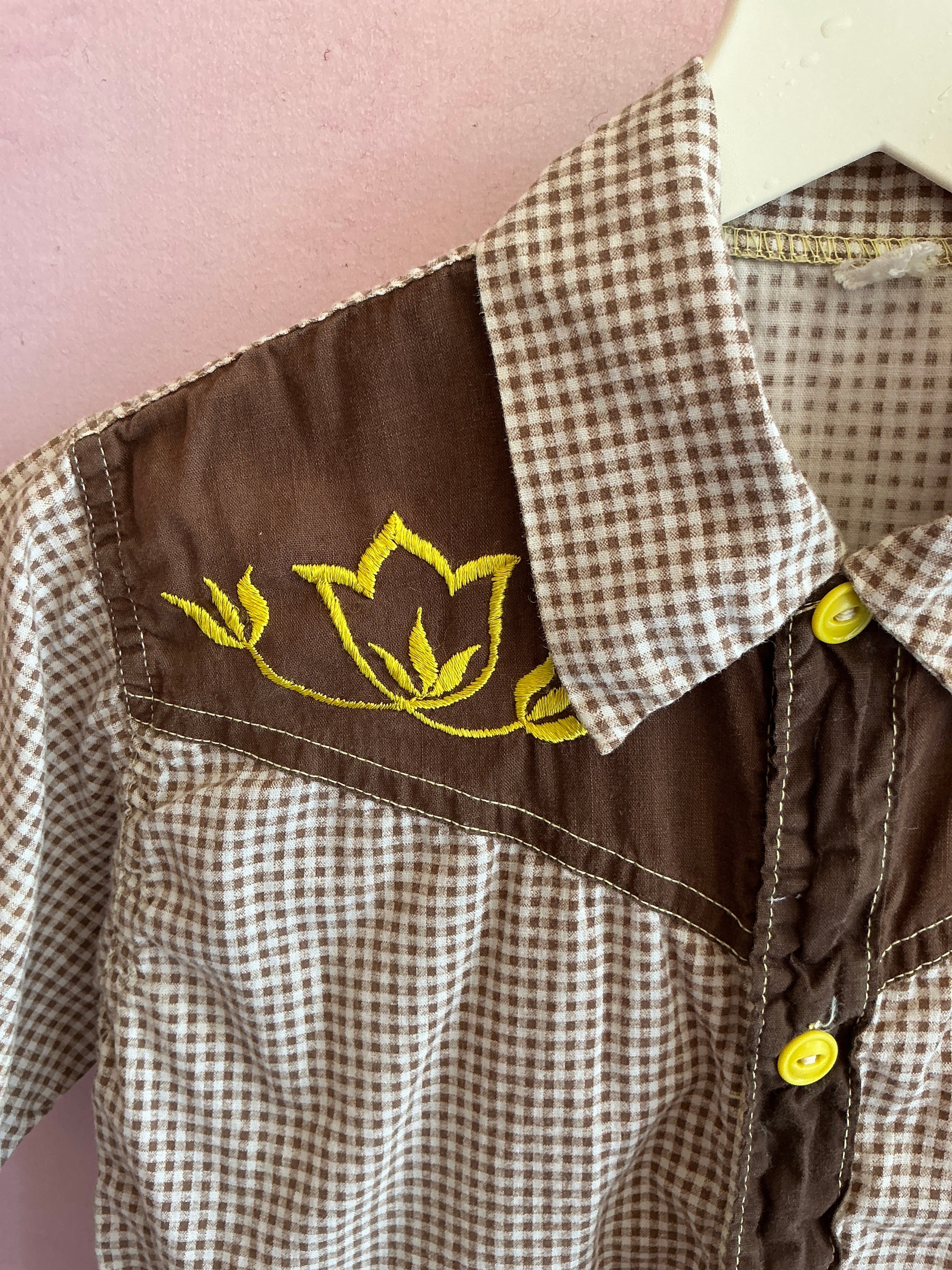 vintage Brown Check Western Button Down Sunshine Floral Embroidery Shirt / 3-4 Years