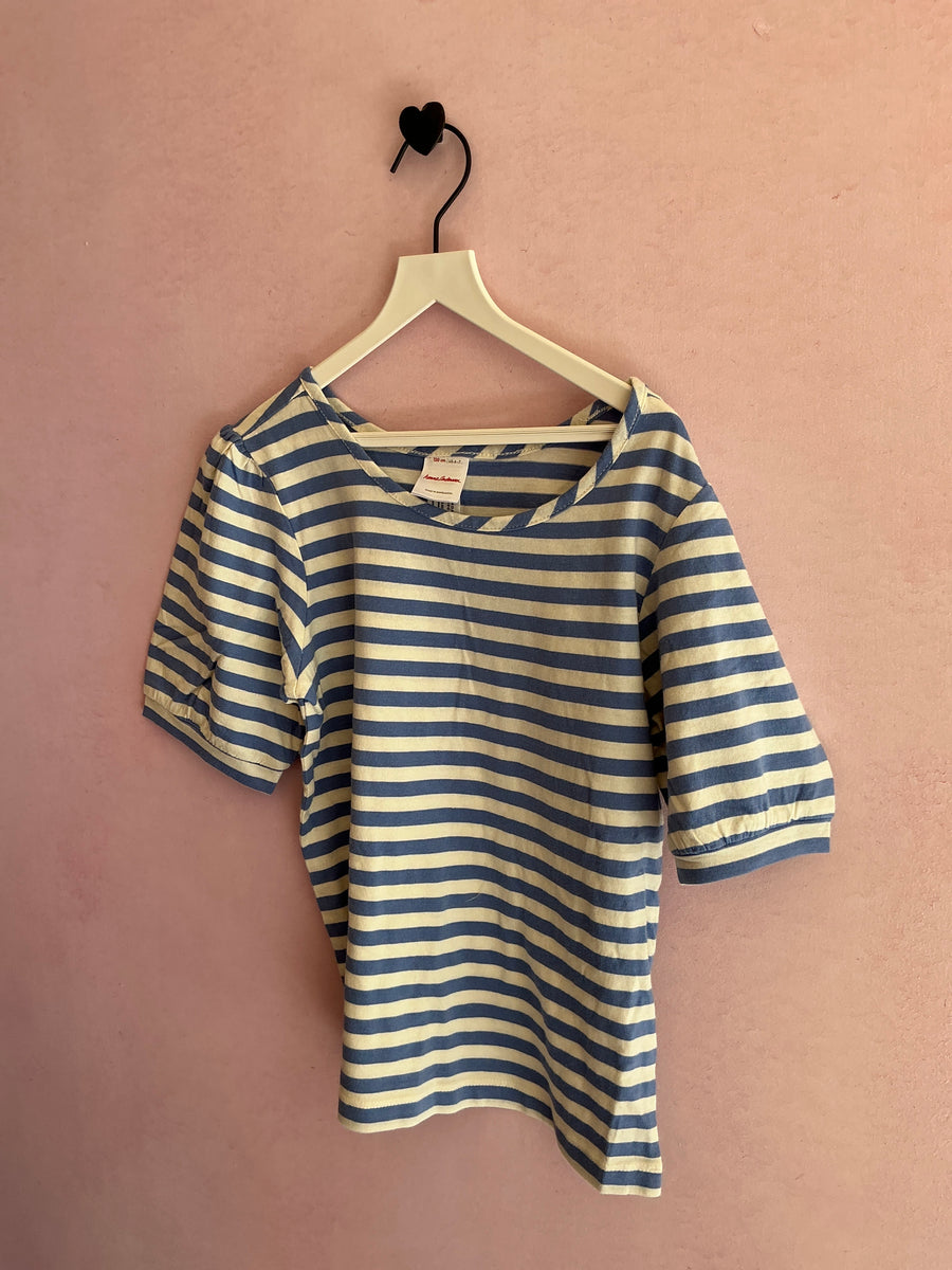 Hanna Andersson Blue White Stripe Ruffle Sleeve Shirt / 6-7 Years