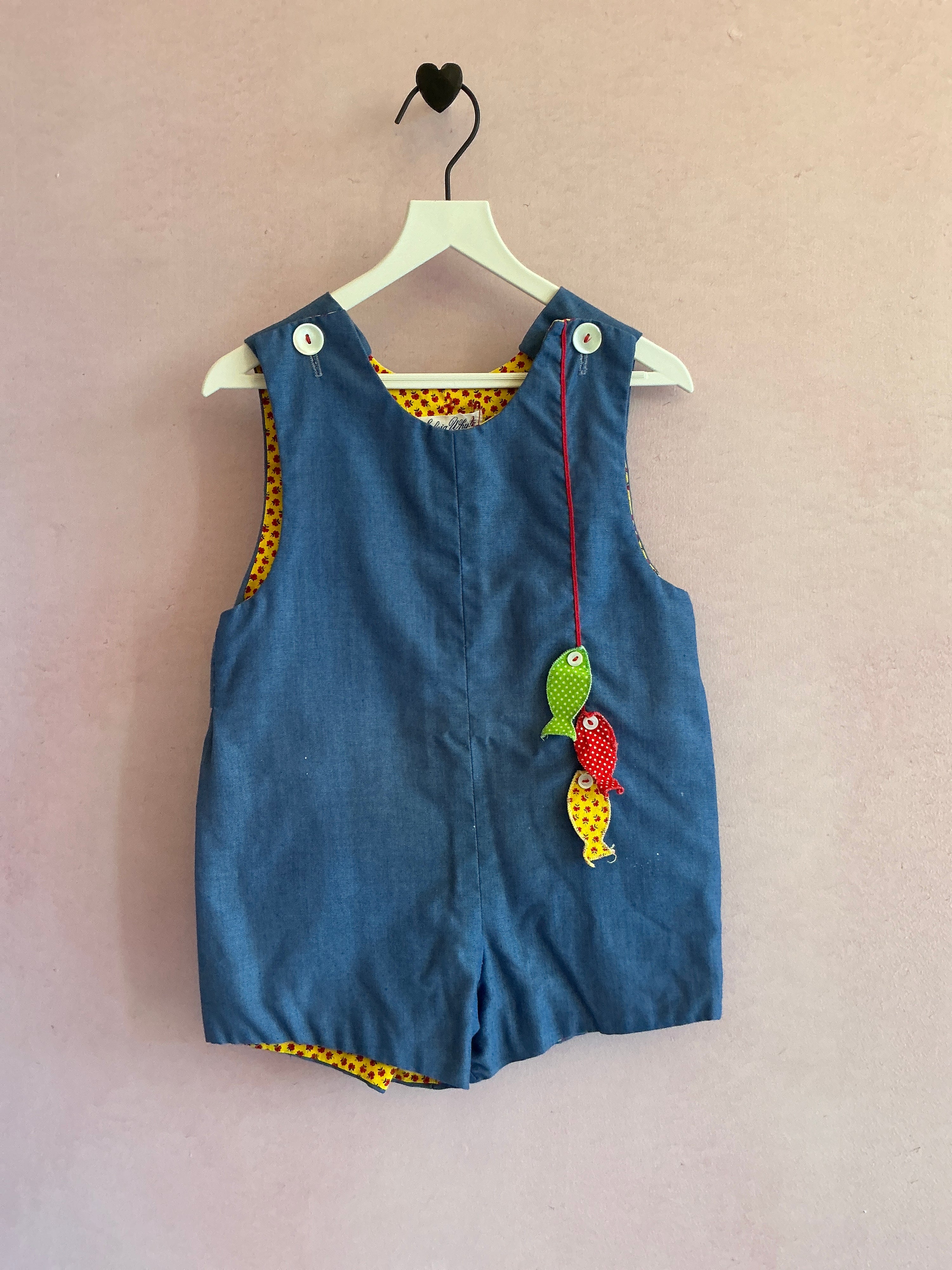 Vintage 70's Sylvia White Applique Fish Romoper / 3-4 Years