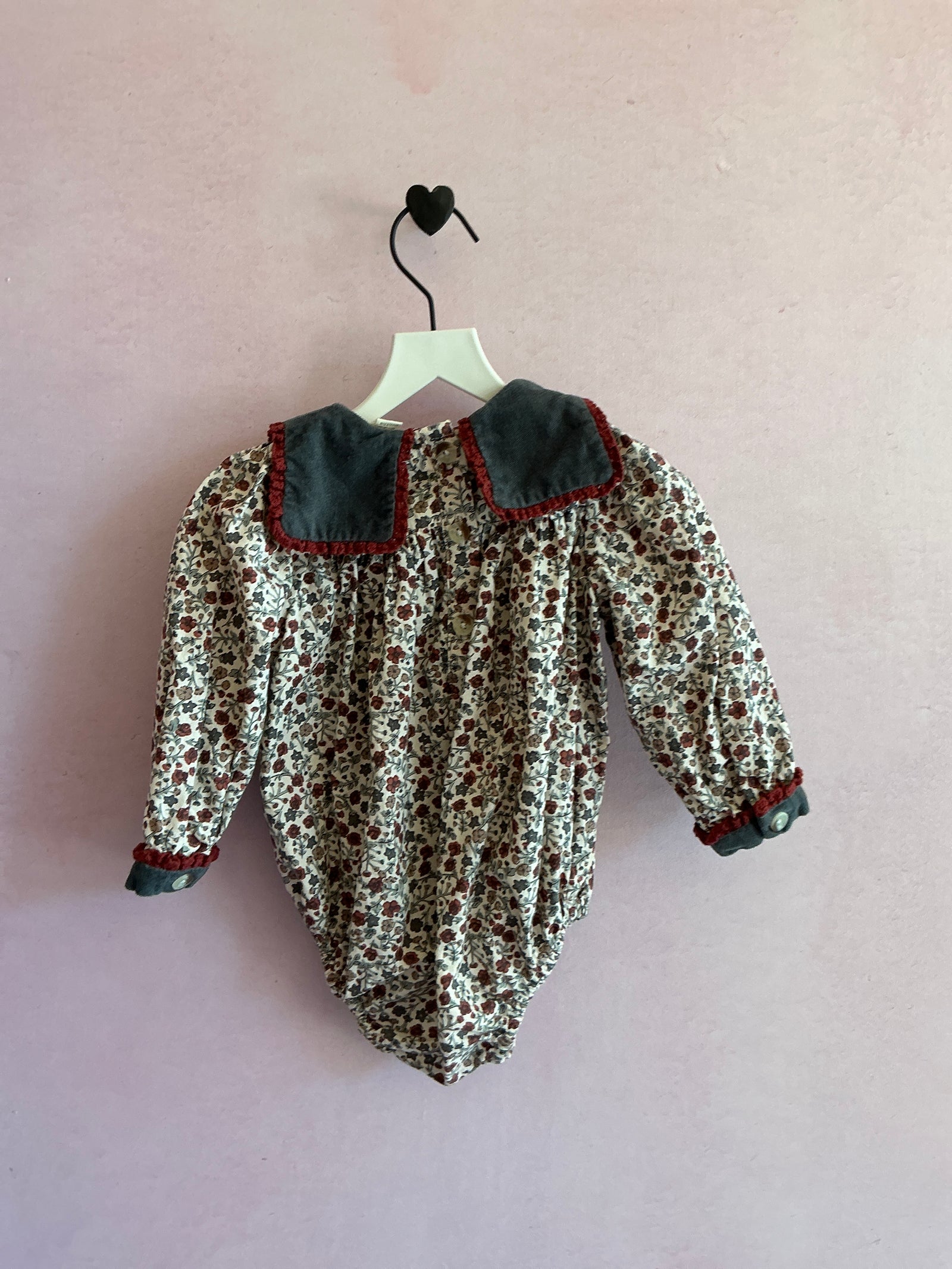 Little Cotton Clothes Velvet Bib Hand Smocked Burgundy Floral Romper / 6-12 months