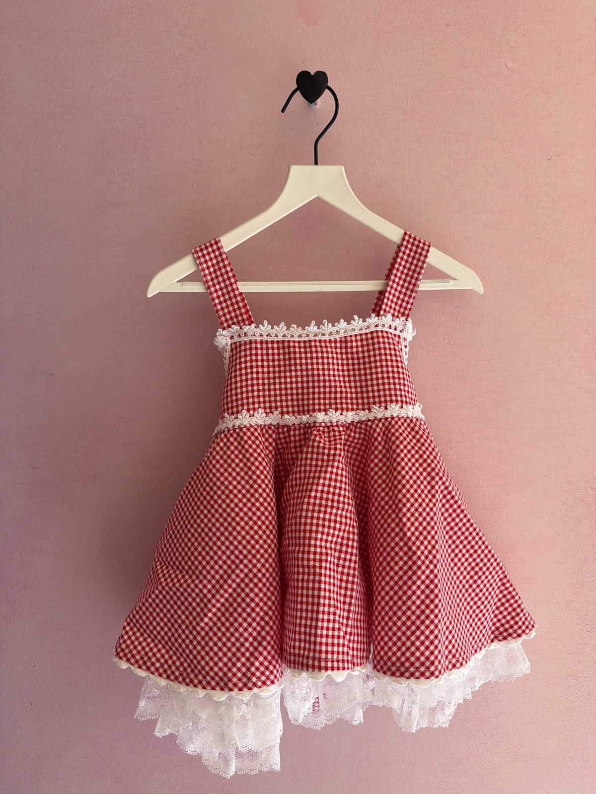 vintage Red Gingham Lace Flouncy Skirt Dress / 6 months