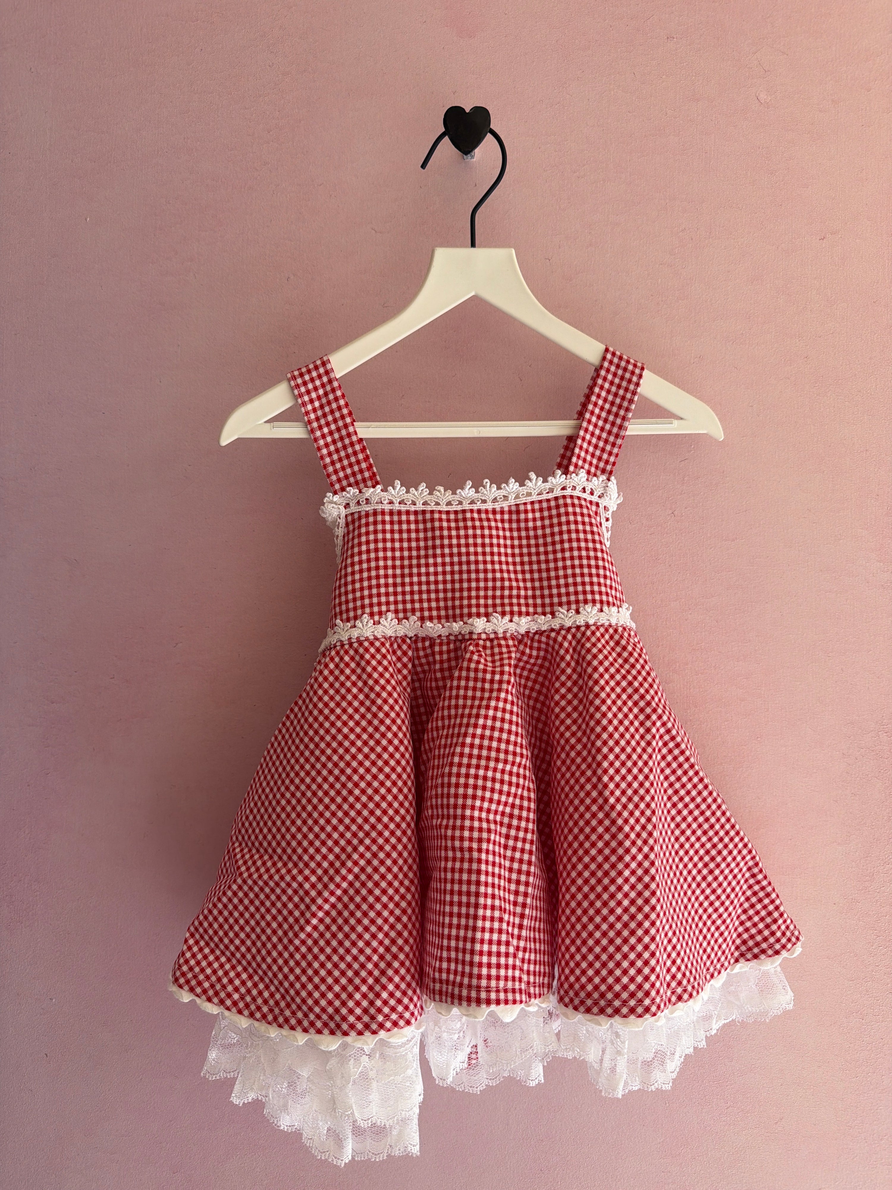 vintage Red Gingham Lace Flouncy Skirt Dress / 6 months