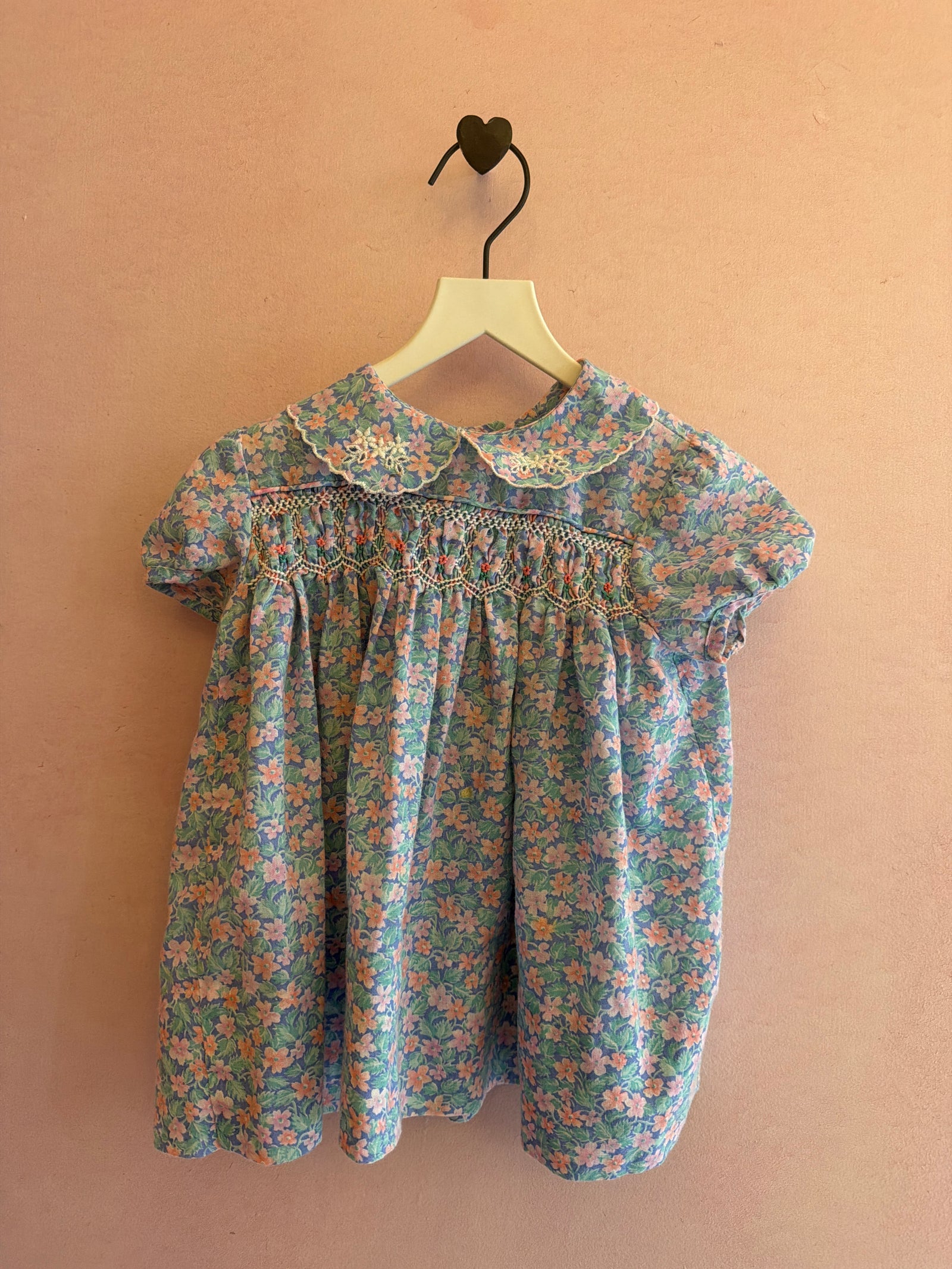 vintage Pastel blue with pink floral smocked Dress / 0-6 months