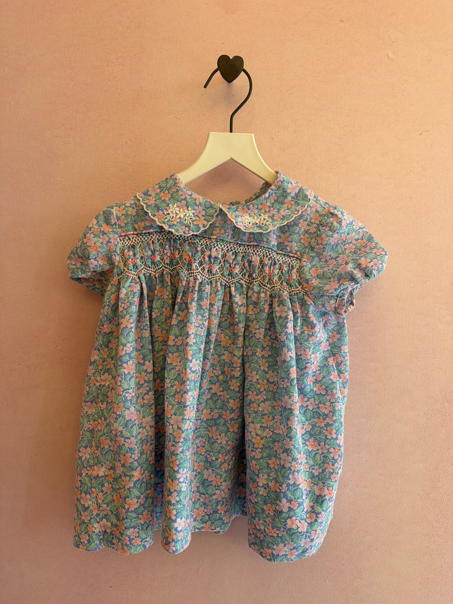 vintage Pastel blue with pink floral smocked Dress / 0-6 months