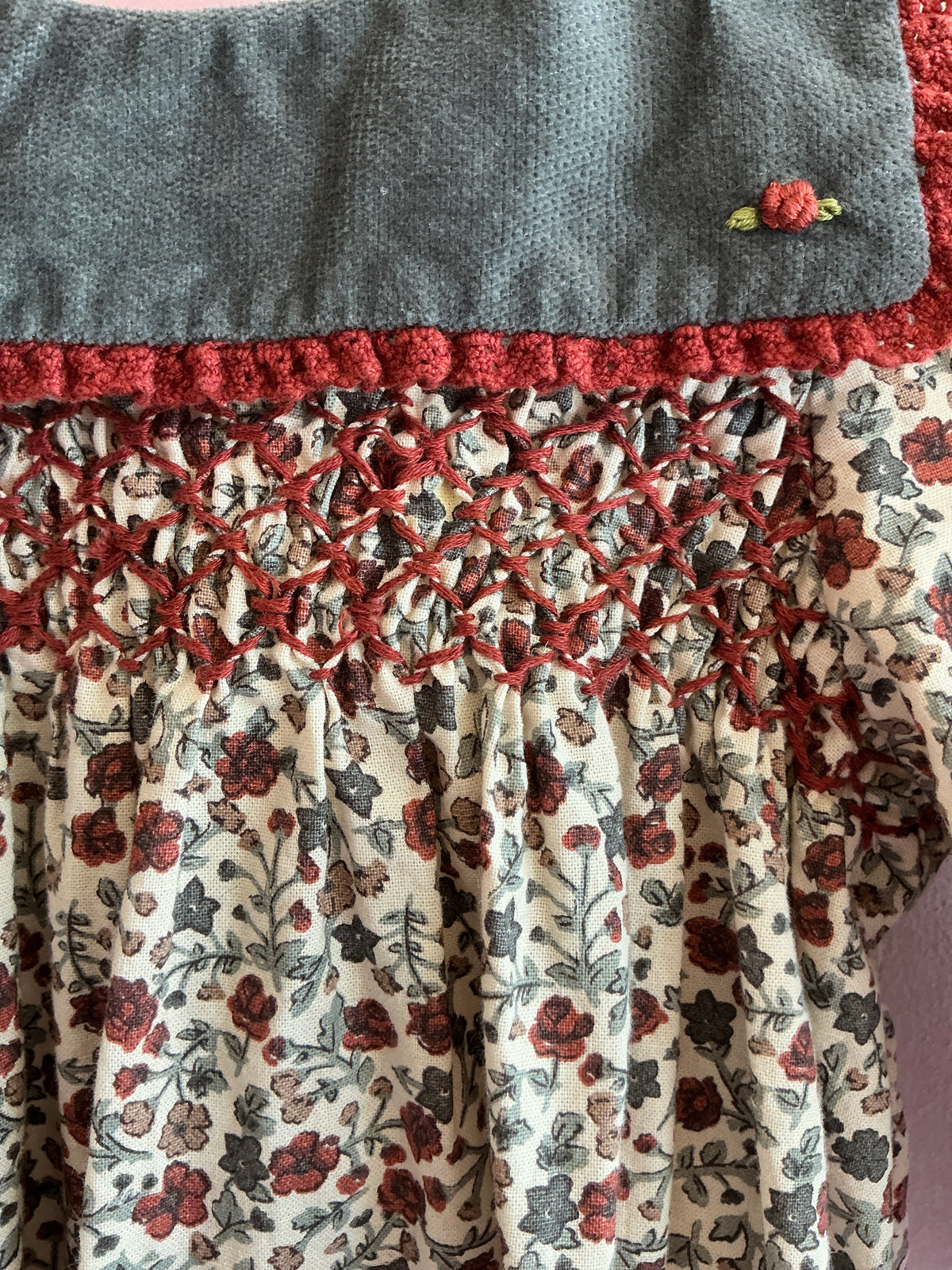 Little Cotton Clothes Velvet Bib Hand Smocked Burgundy Floral Romper / 6-12 months