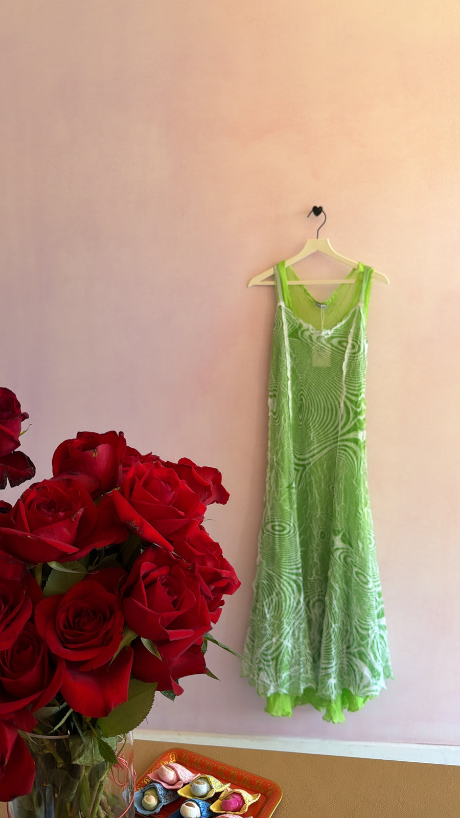 vintage komarov Green White Swirl Mesh Crinkle Dress / Women's Small