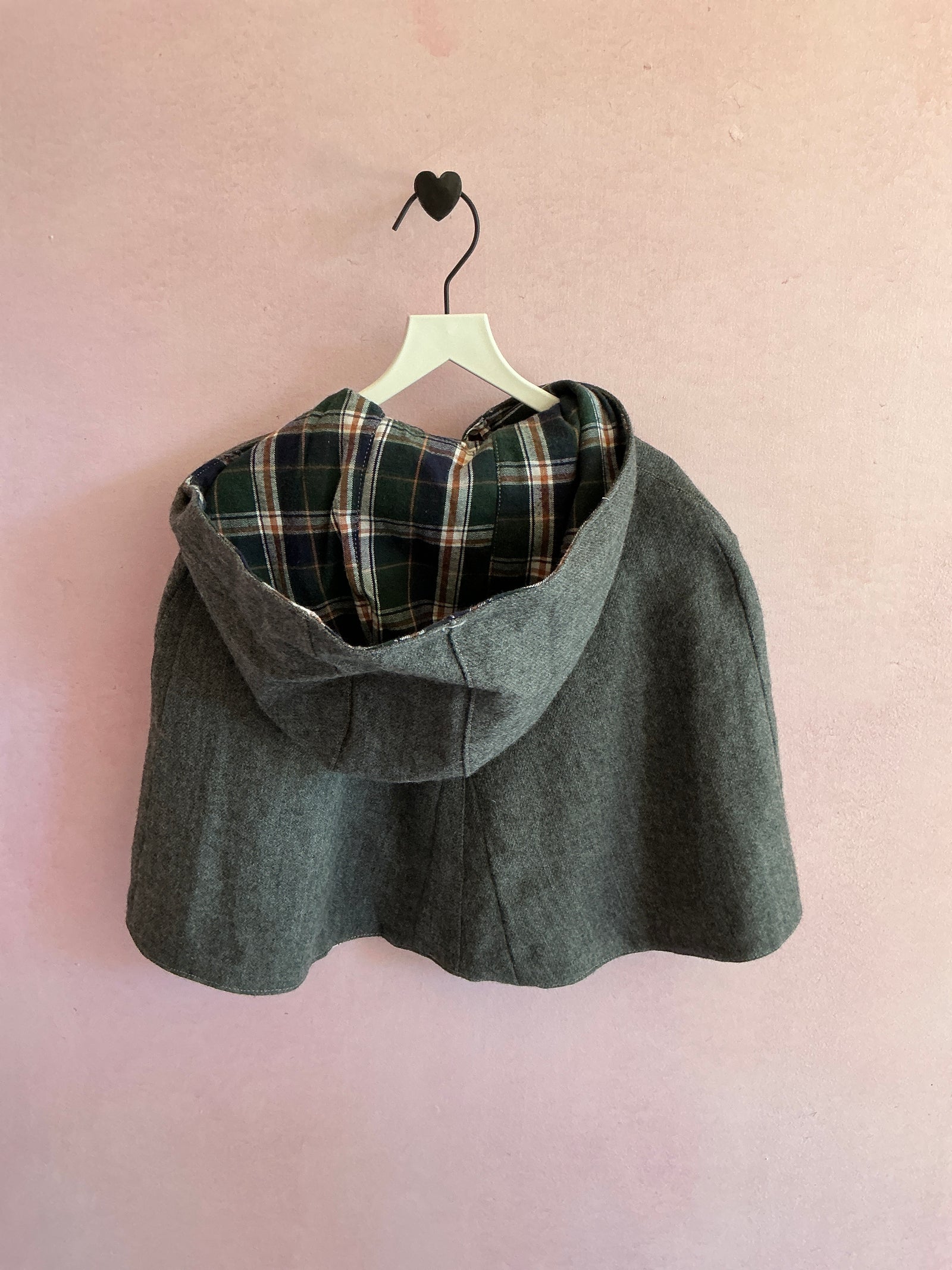 vintage Gray Reversible Cape 100% wool fleece & 100% cotton flannel  / 5-6