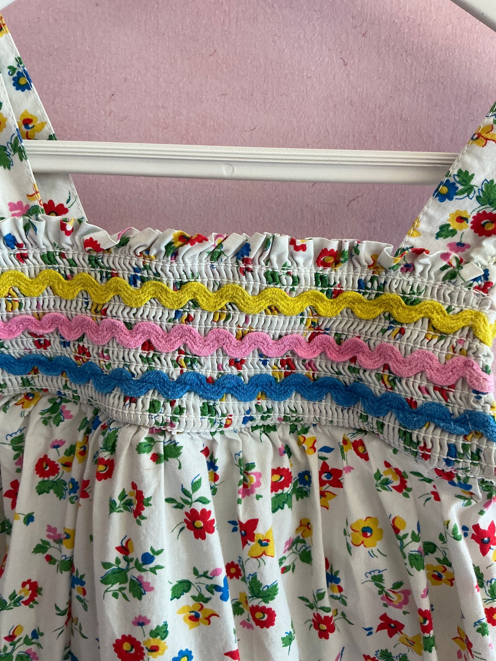 Baby Boden All-over floral, rick rack and smocking, snap closure Romper / 12-18 months