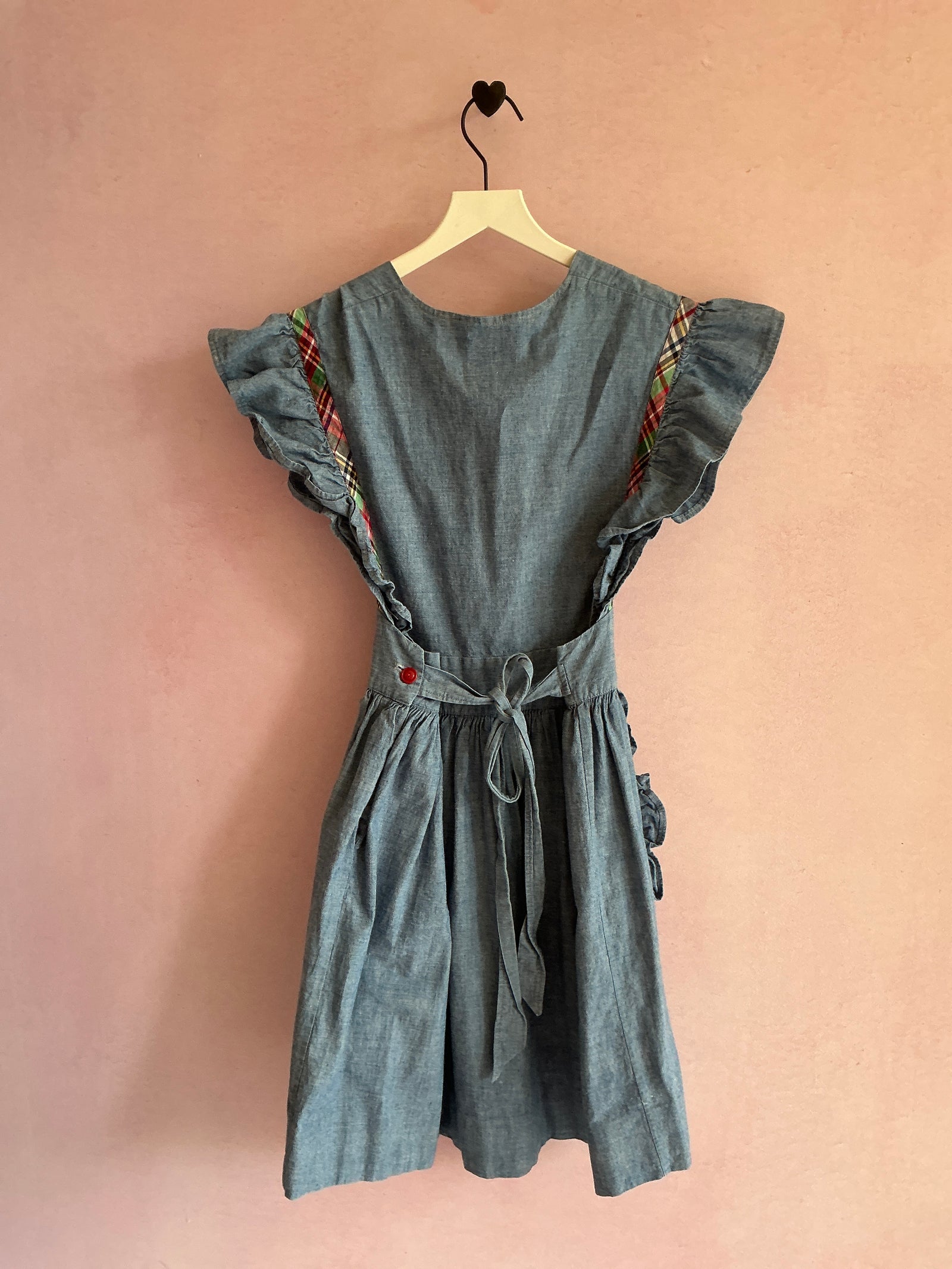 vintage Chambray Denim Apron Plaid Trim Dress / 12