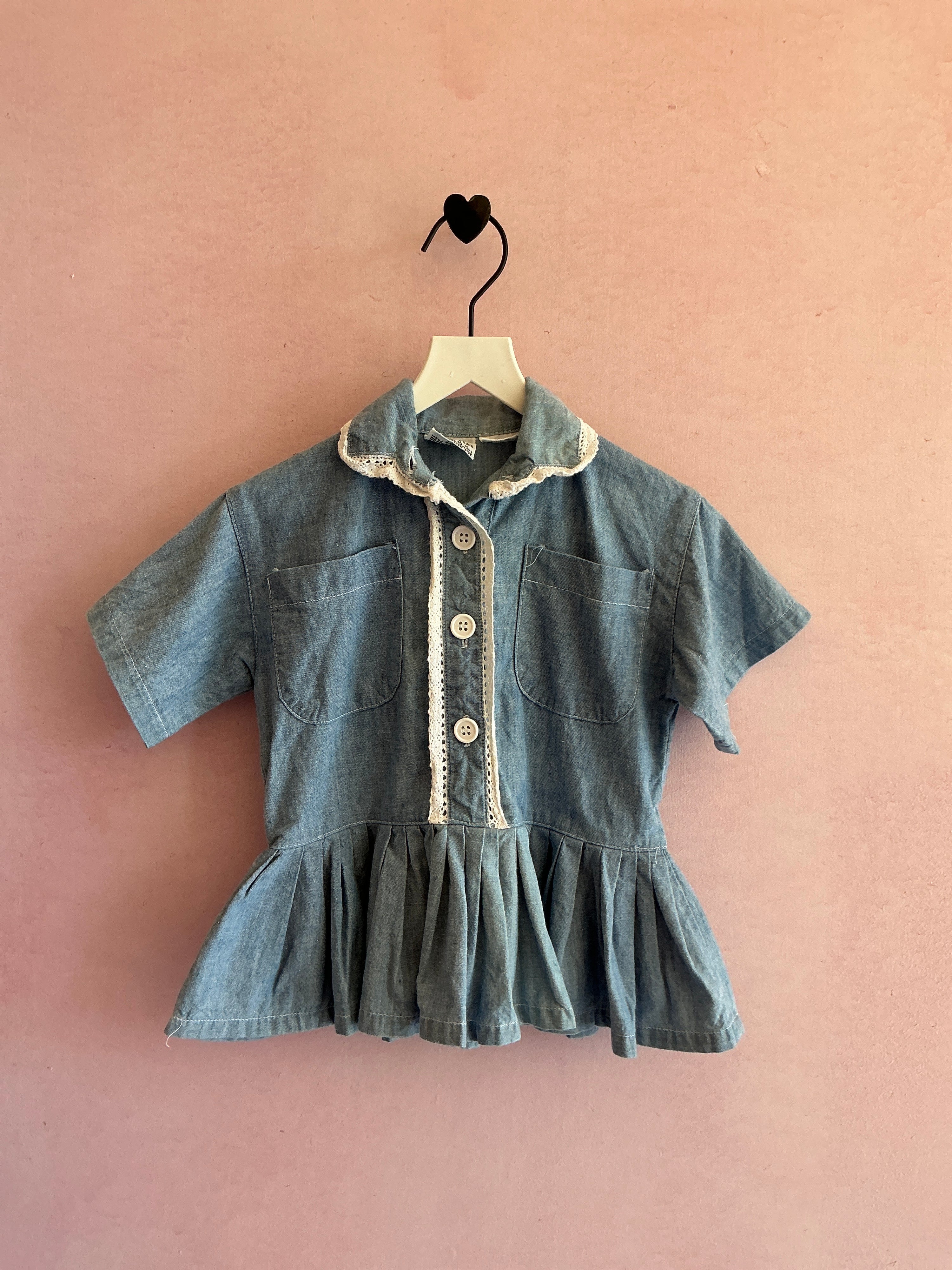 vintage Chambray Lace Trim Blouse / 12-18 months