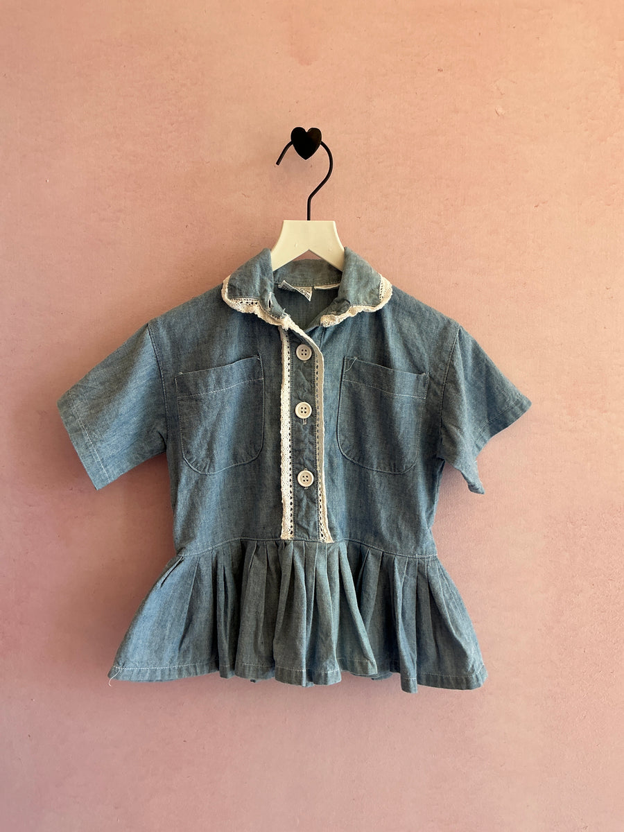 vintage Chambray Lace Trim Blouse / 12-18 months