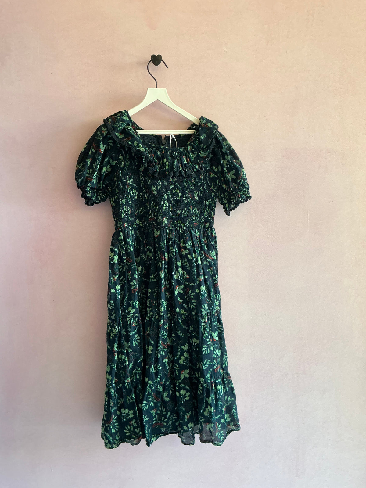 Holly Christmas Ruffle Smocked Navy Smocked Dress / 8-10