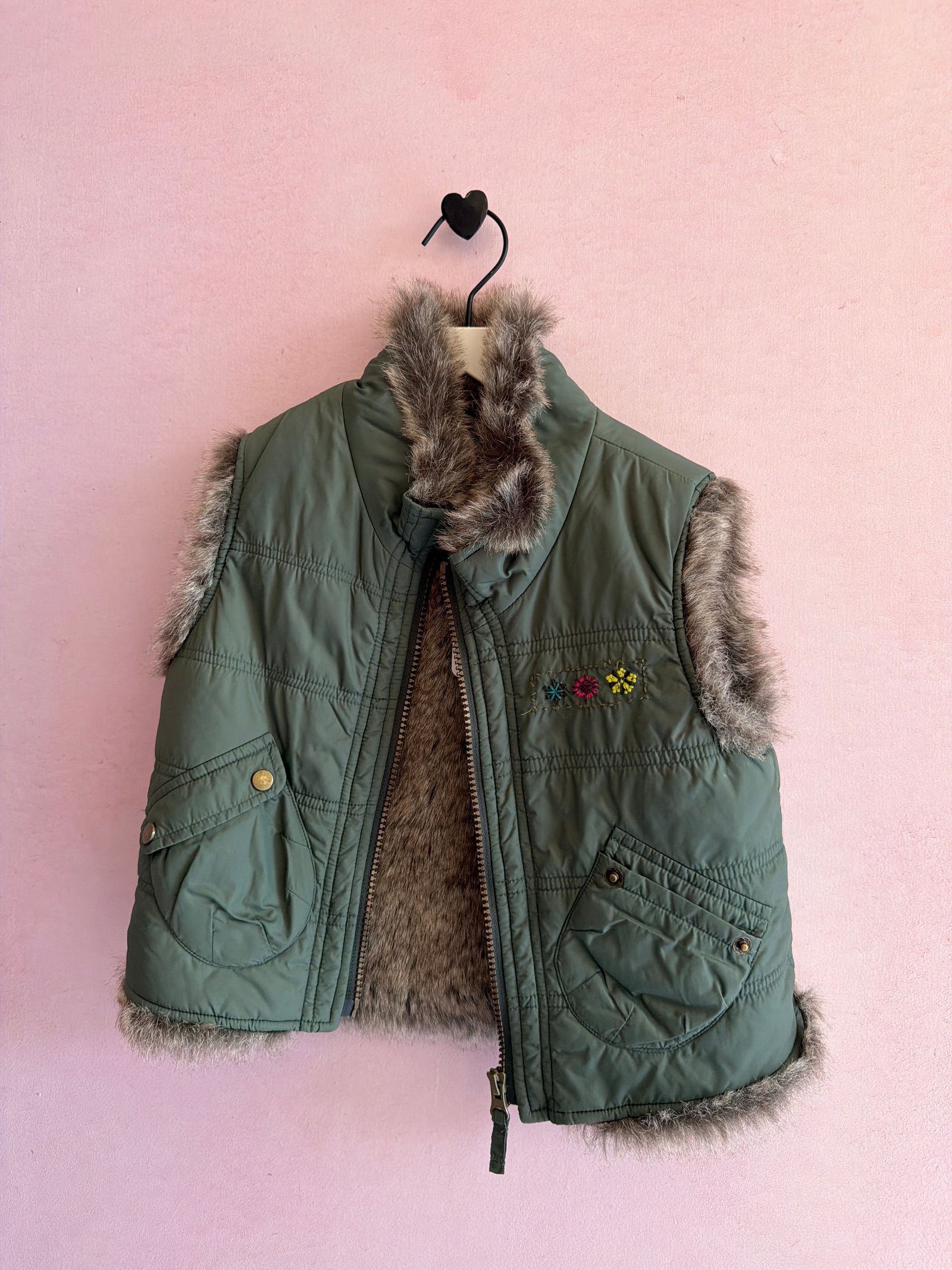Catimini Embroidered Green Puffer Faux Fur Lined Vest / 4