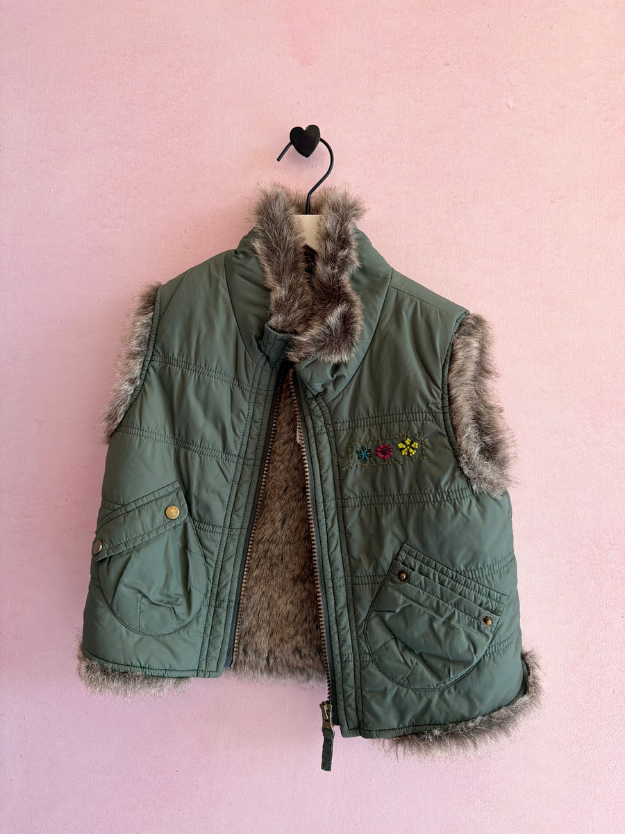 Catimini Embroidered Green Puffer Faux Fur Lined Vest / 4