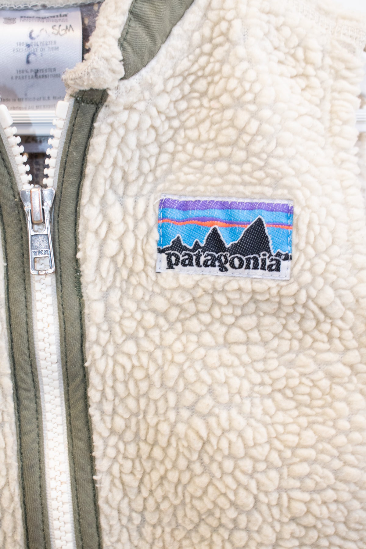 Patagonia Creative Mending Beige and Olive Fleece Vest / 24 months
