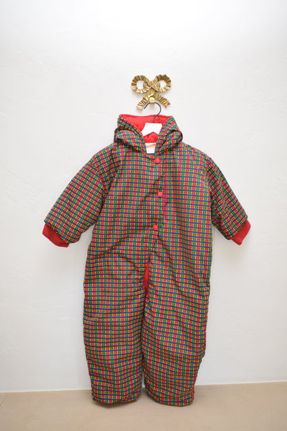 Vintage Hanna Andersson multicolor check hooded snowsuit with red quilted lining, size 2–3 years, on a white hanger against a neutral wall.