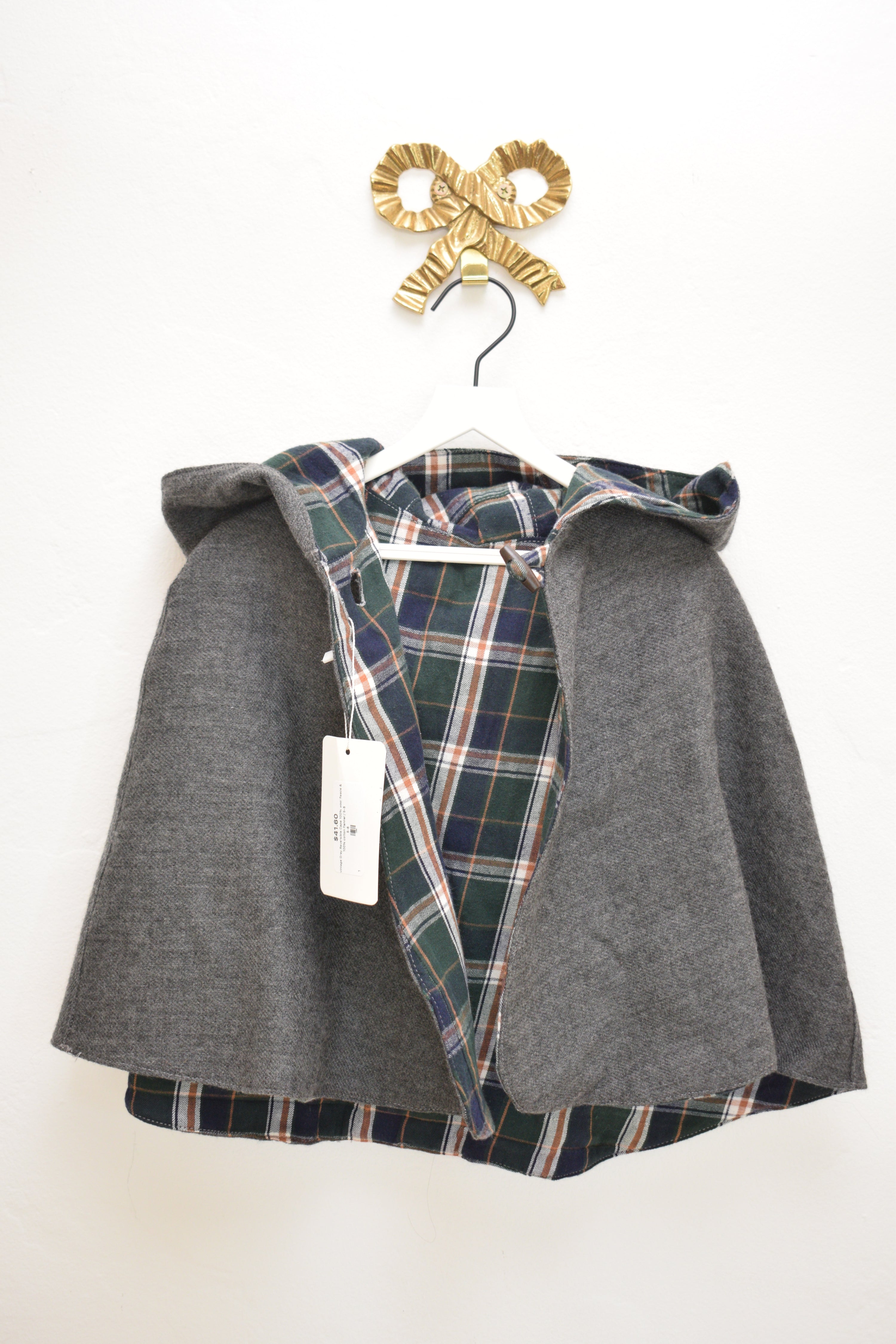 vintage Gray Reversible Cape 100% wool fleece & 100% cotton flannel  / 5-6