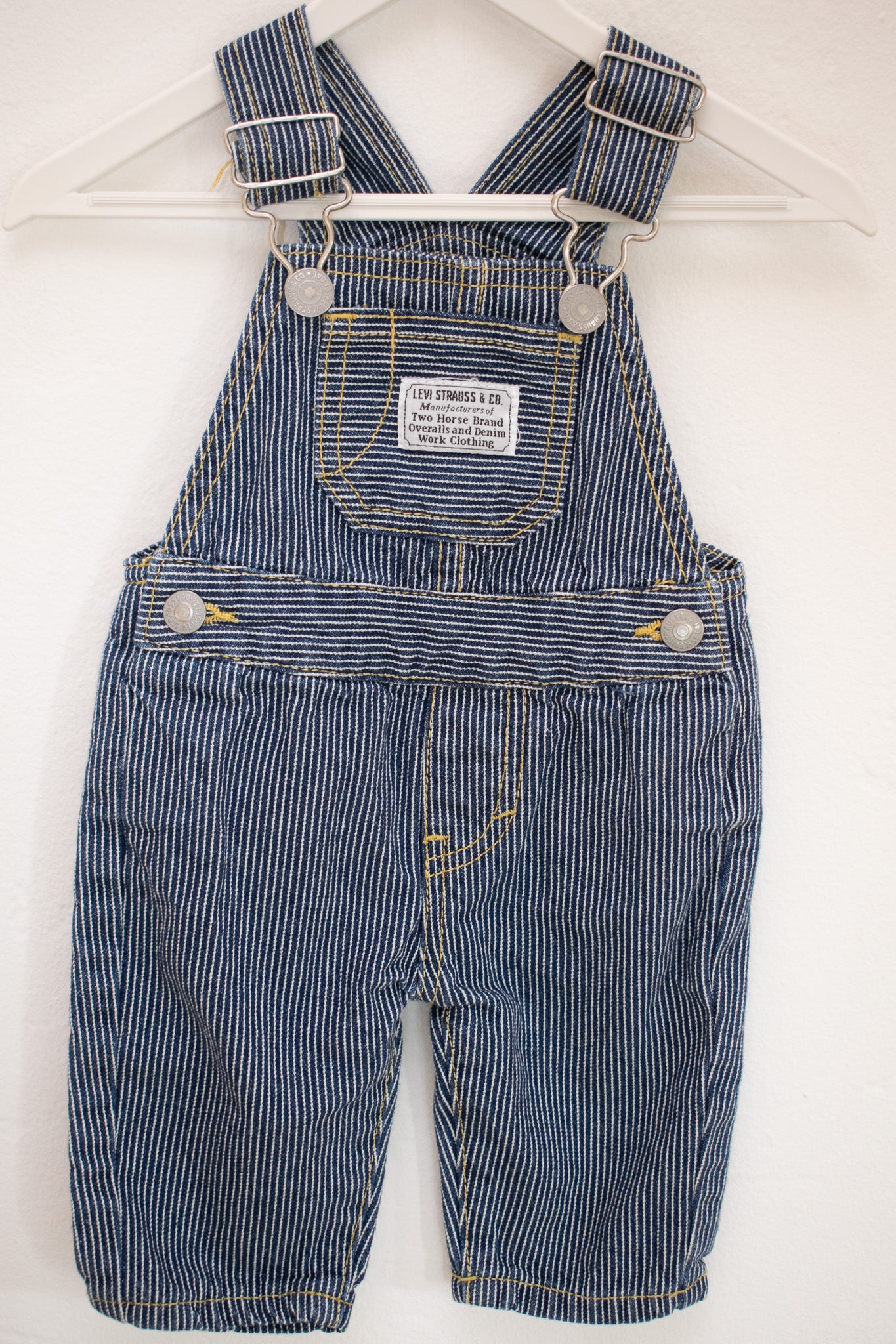 Levi's Blue and White Ticking Stripe Overalls / 3 months