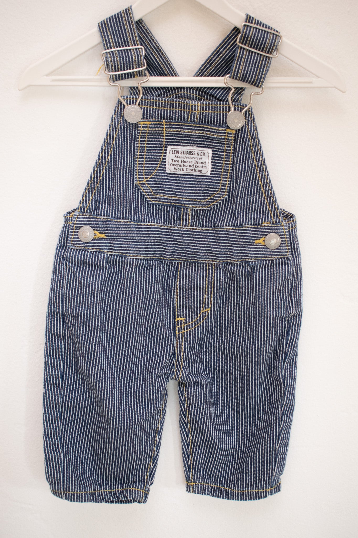 Levi's Blue and White Ticking Stripe Overalls / 3 months
