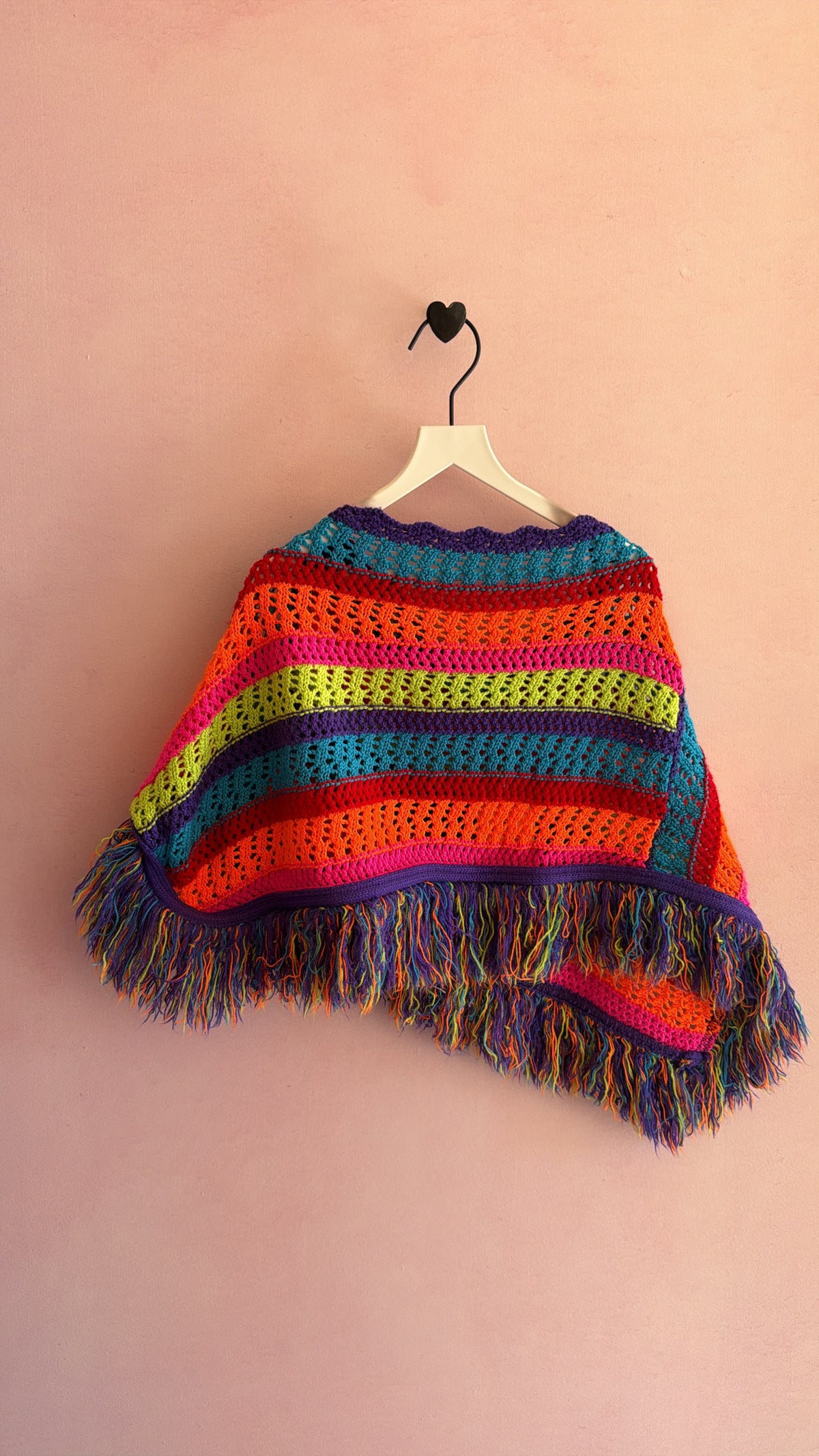 handmade Rainbow Crochet Fringe Asymmetrical Shawl / 2-4
