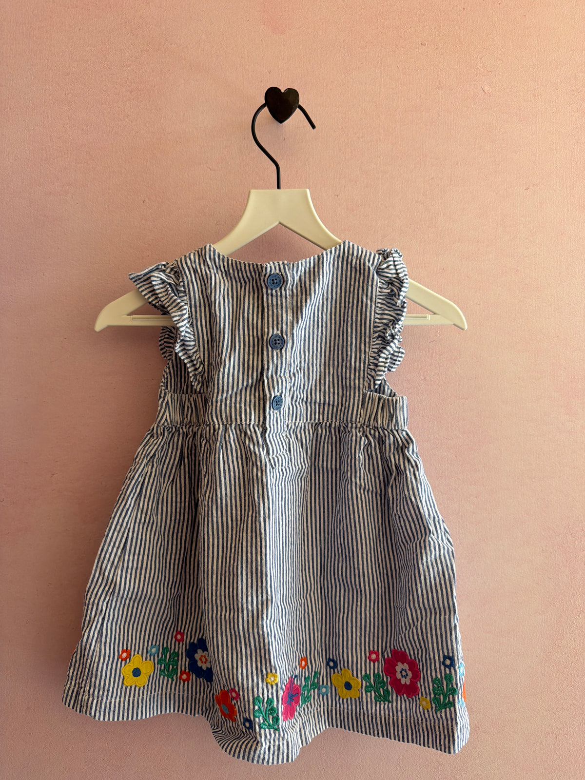 JoJo Maman Bebe Blue ticking stripe, floral embroidery, ruffle sleeve Top / 3-6 months