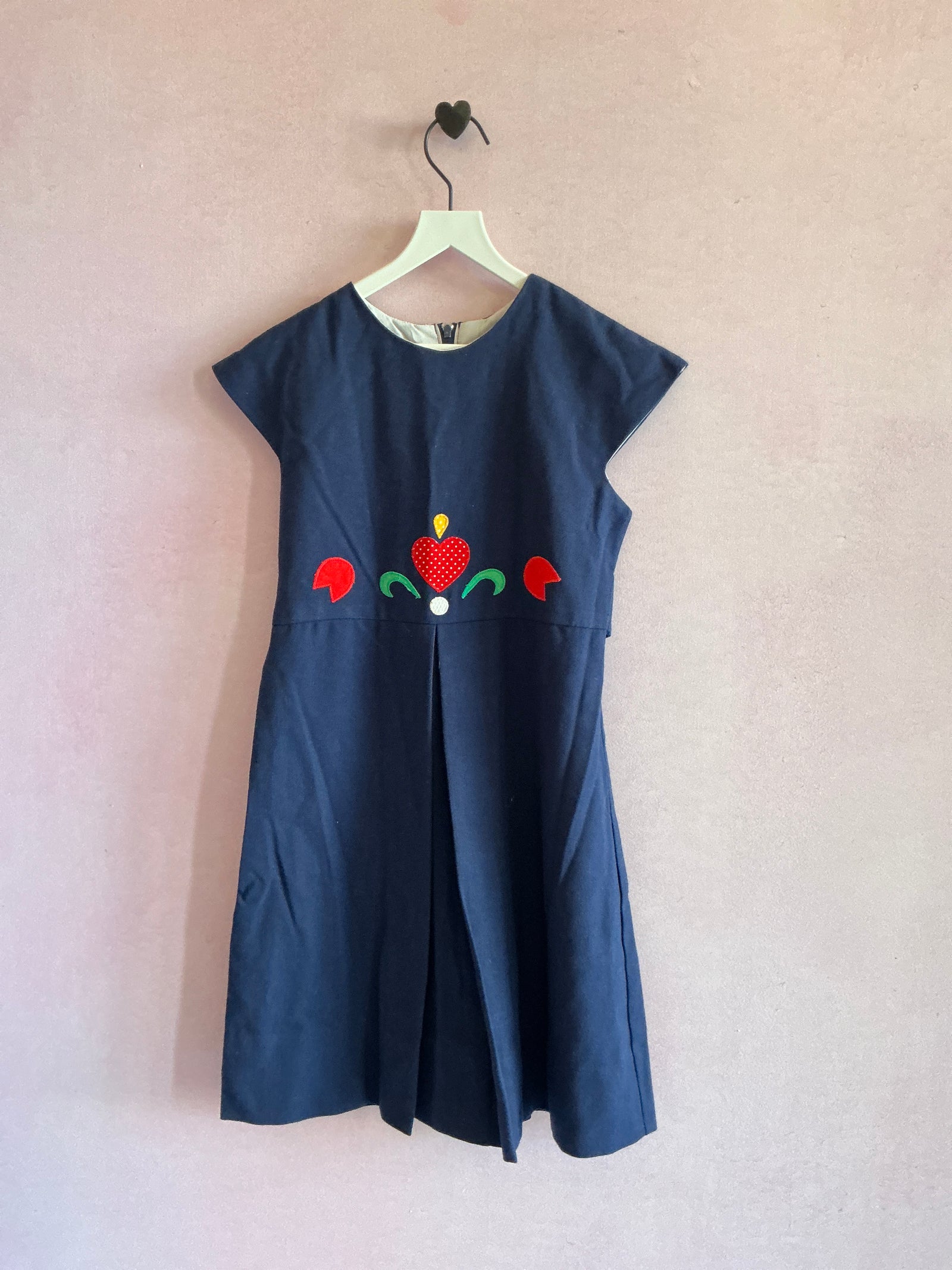 vintage homemade Navy Folk Heart Tulip Applique Dress / 7