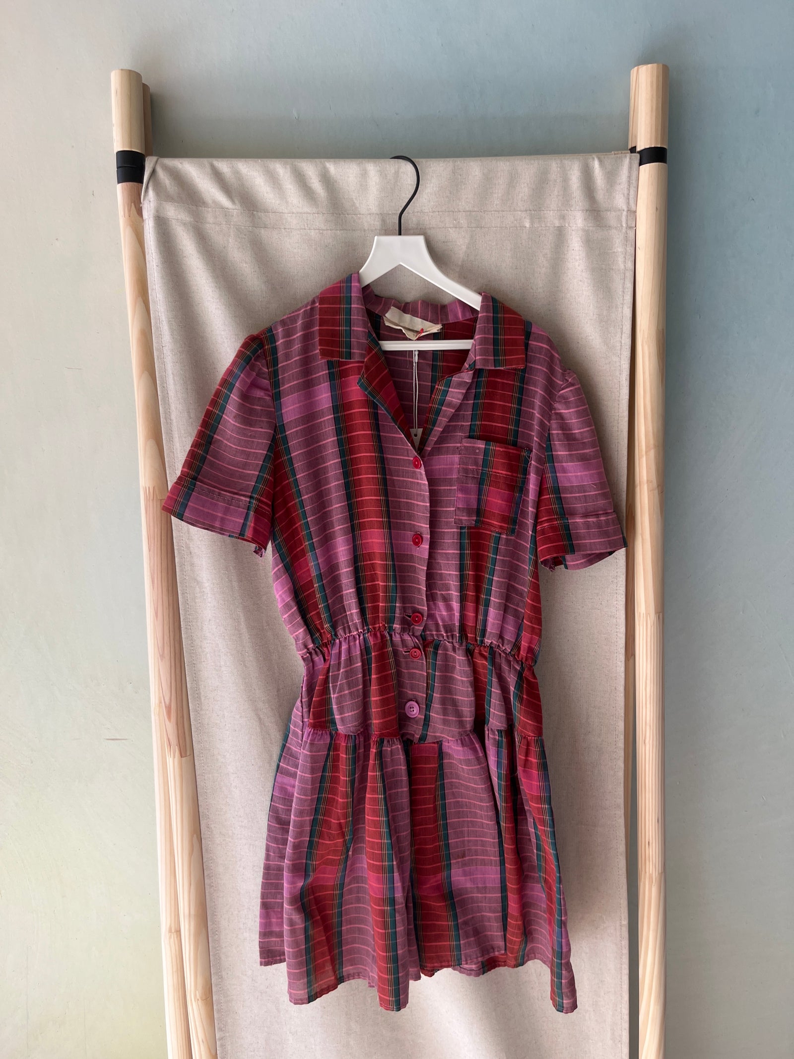 vintage California Pink with red, green, and beige plaid pattern Jumpsuit / 12