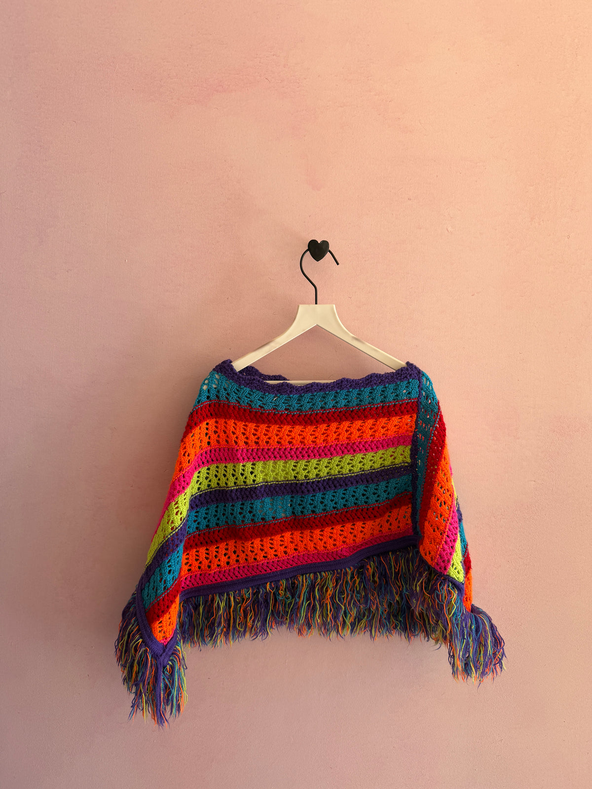 handmade Rainbow Crochet Fringe Asymmetrical Shawl / 2-4