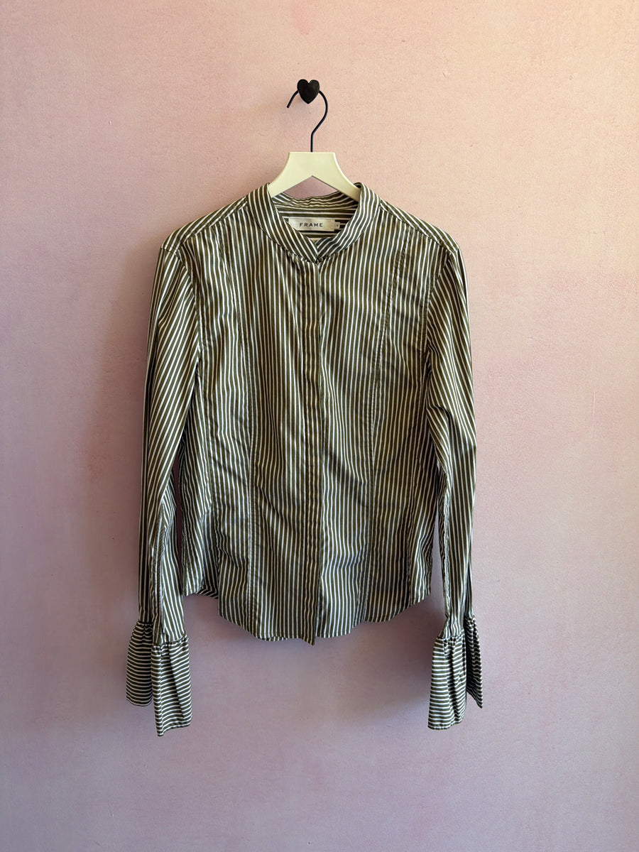 FRAME Olive Brown and White Stripe Shirt / S