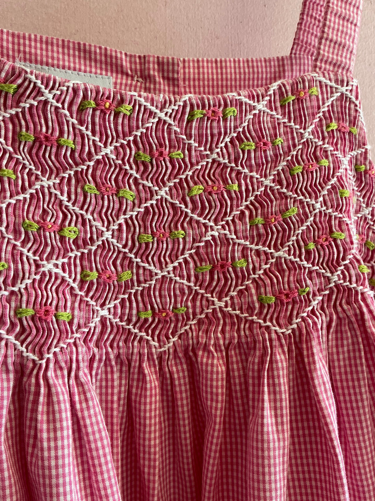 vintage Vive La Fete Hand-Smocked Pink and White Gingham Rosette Dress / 4