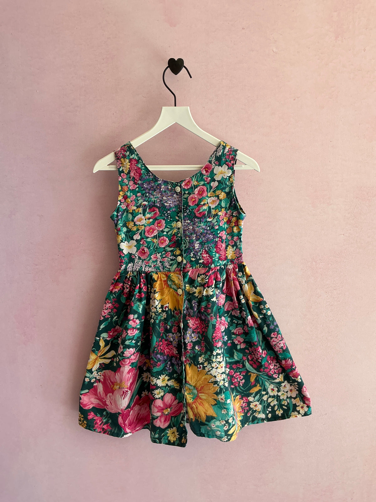 vintage 90s Green Garden Floral Button Up Empire Waist Dress / 2T