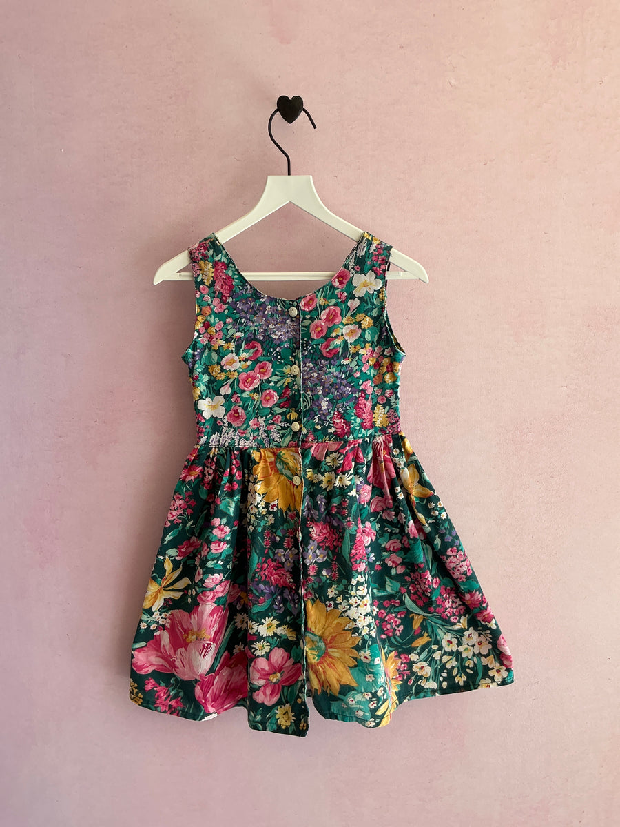 vintage 90s Green Garden Floral Button Up Empire Waist Dress / 2T