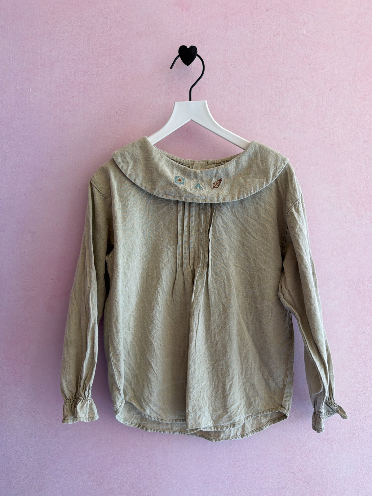 Vintage Oatmeal Linen Long Sleeve Shirt with Fall Embroidery Peter Pan Collar
