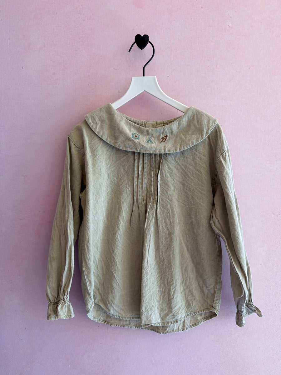 Vintage Oatmeal Linen Long Sleeve Shirt with Fall Embroidery Peter Pan Collar